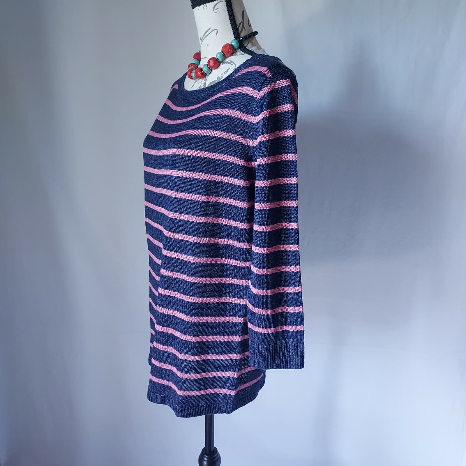 Talbots 100% Linen Sweater Pullover Boat Neck Navy Blue Pink Stripe Women Sz.L - Thumbnail 4
