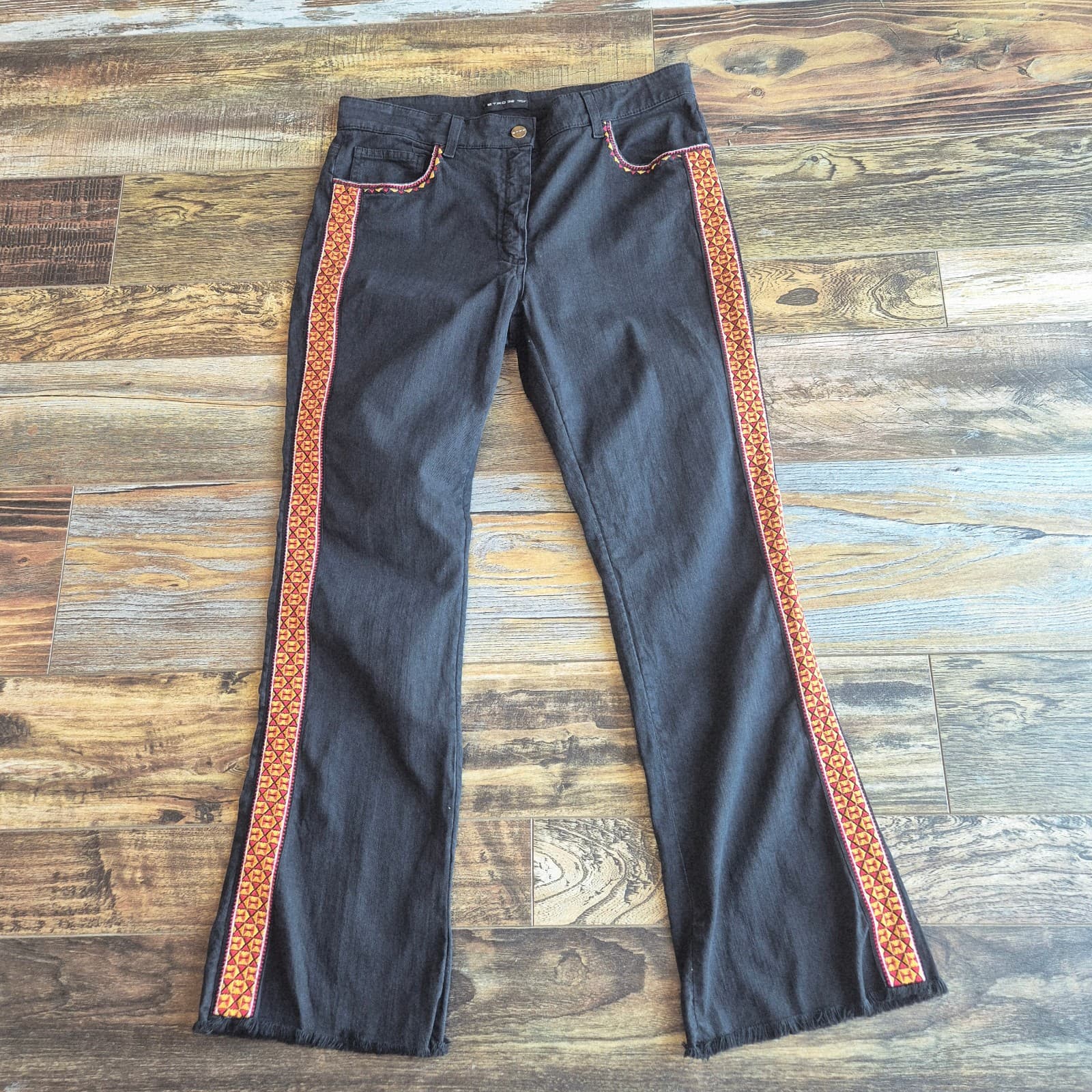 Etro Made in Italy Embroidered High Rise Kick Flare Jean Fray-Hem Black Women 32 - Thumbnail 7