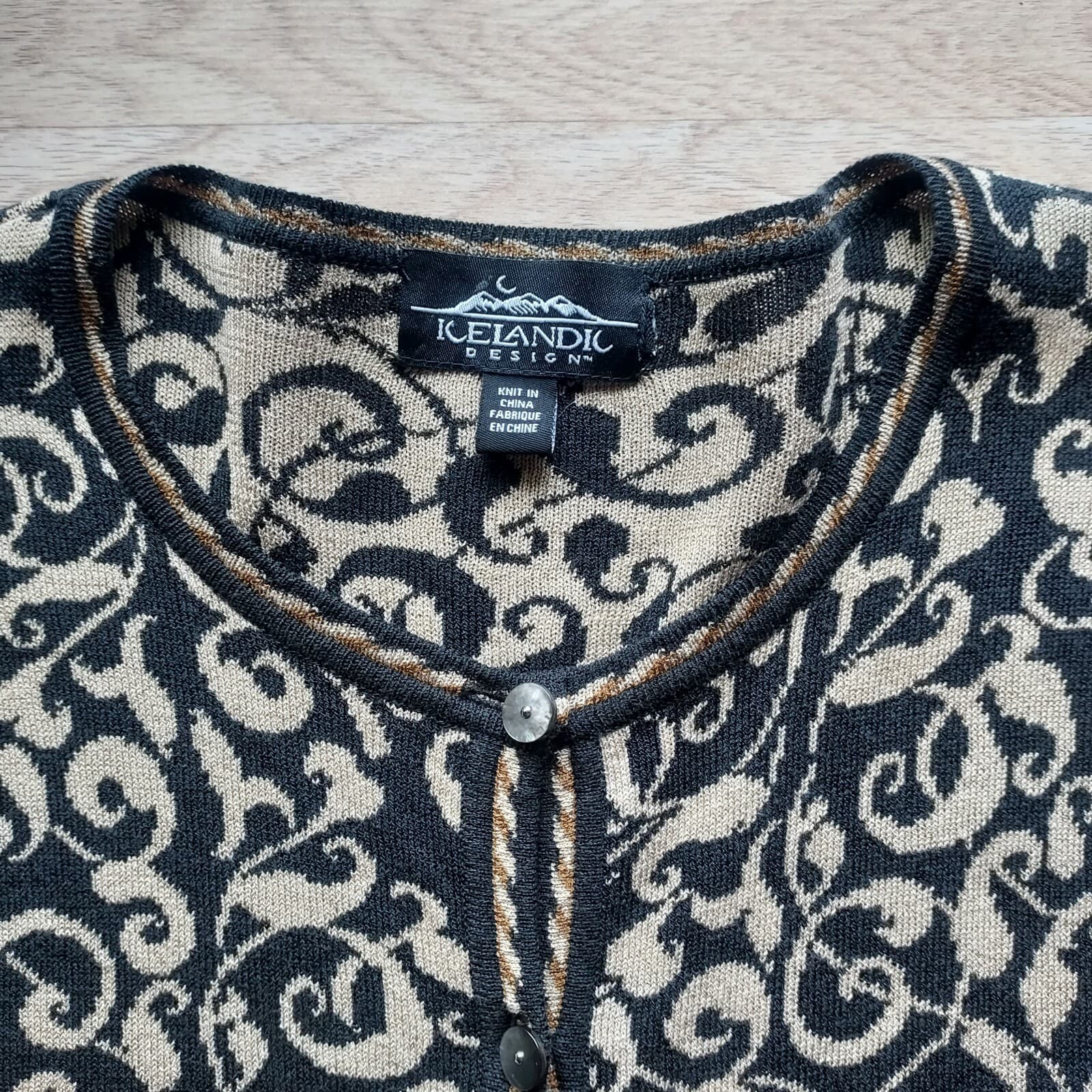 ICELANDIC DESIGN Floral Cardigan Button Cotton Blend Tan-Black Women Chest 40" - Thumbnail 7