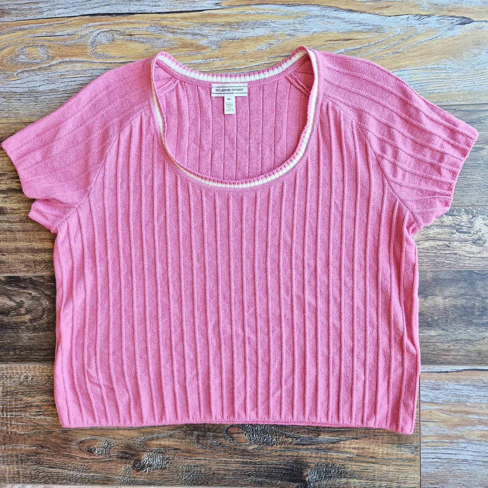 ST. JOHN Sport Wool Blend Santana Ribbed Knit Short Sleeve Top Pink Women's XL - Thumbnail 3