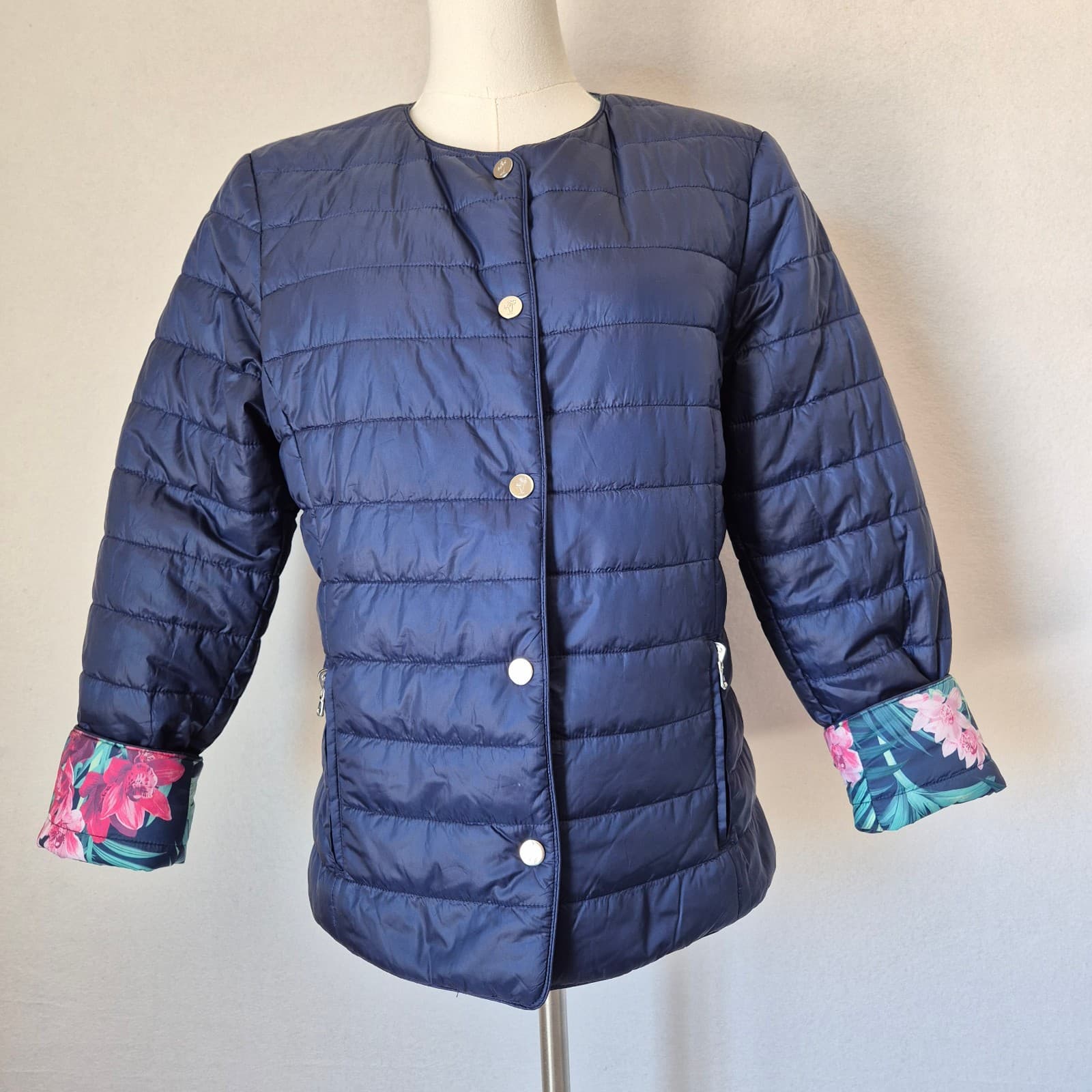 Tommy Bahama Floral Island Navy Reversible Snap Puffer Jacket Zip-Pocket Women S - Thumbnail 6