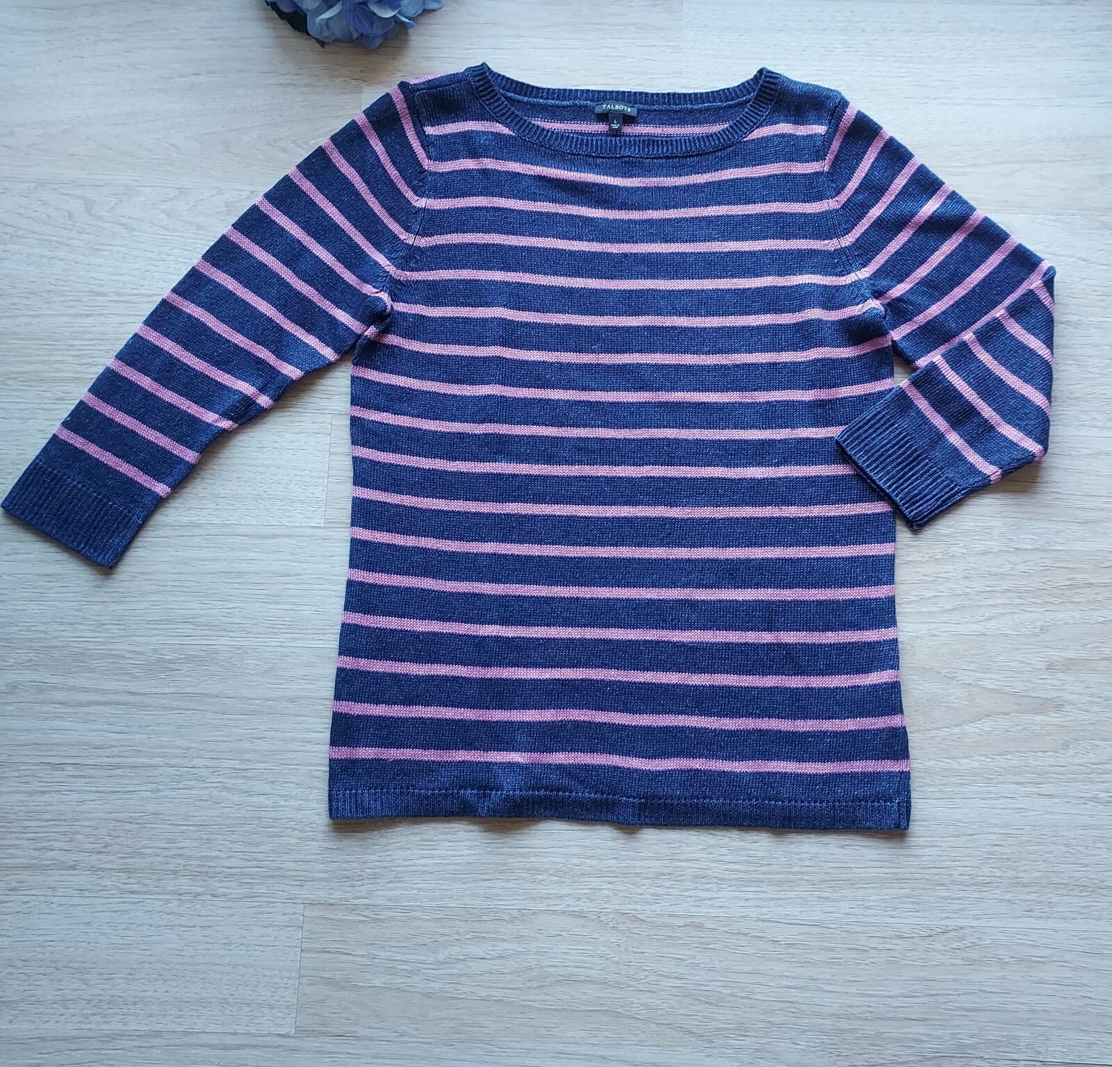 Talbots 100% Linen Sweater Pullover Boat Neck Navy Blue Pink Stripe Women Sz.L - Thumbnail 2