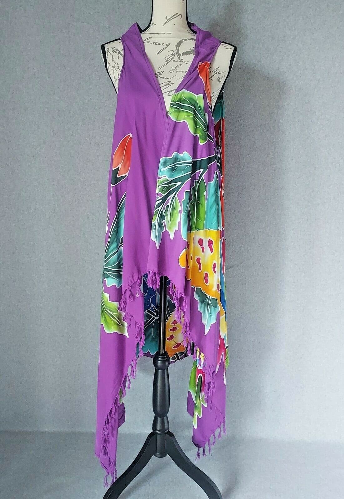Tropical Batik Beach Cover Dress Bead Embellished Multicolor Fringe One Size - Thumbnail 2