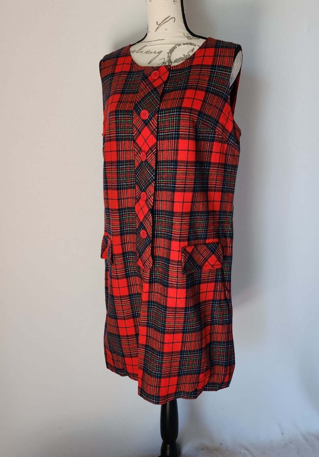 Vintage Pendleton Wool Plaid Mini Sheath Dress Button Sleeveless Lined Red Sz.16 - Thumbnail 2