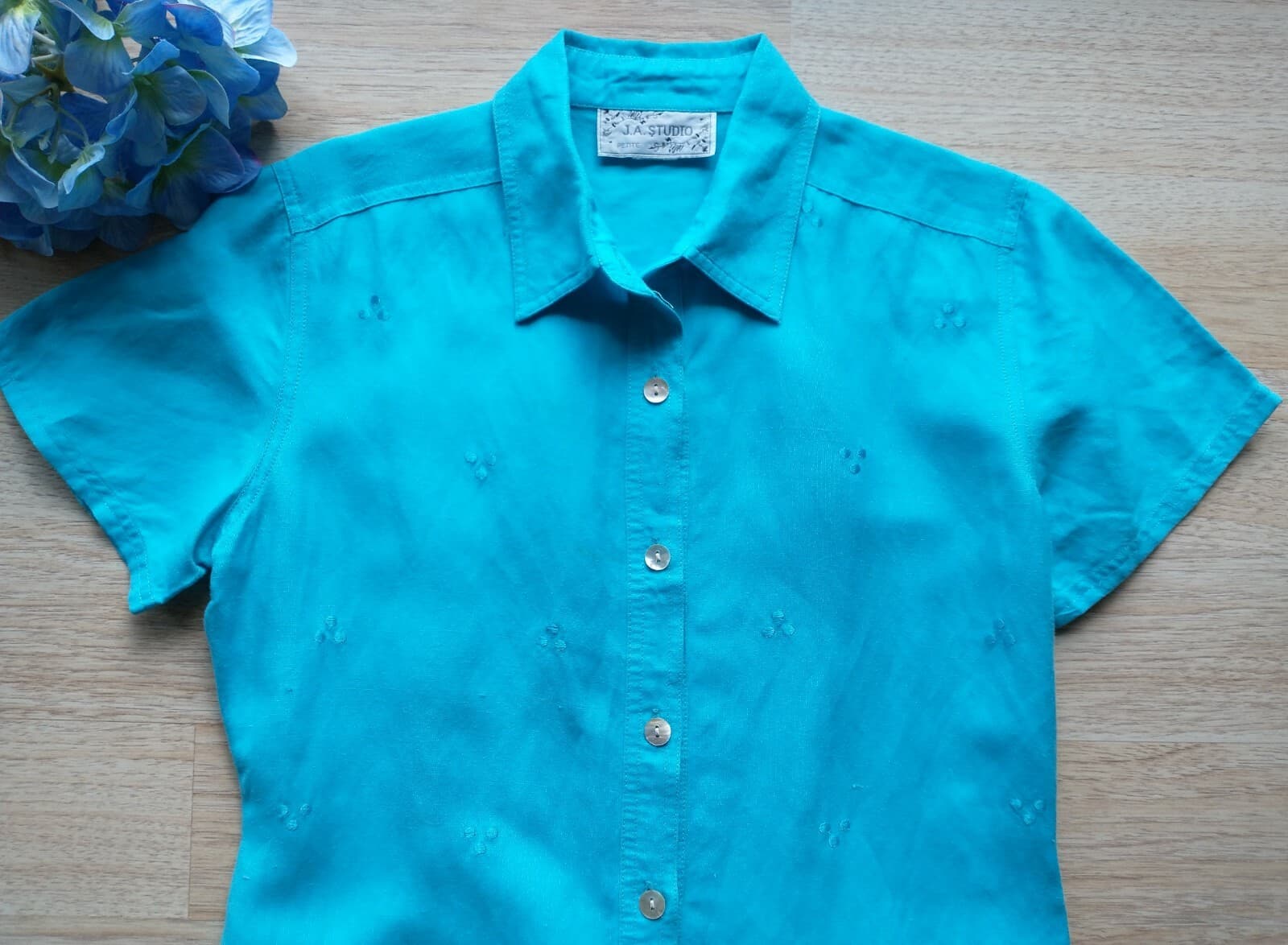 J.A. STUDIO Embroidered Linen Midi Shirt Dress Short Sleeve Button-Down Blue M - Thumbnail 3