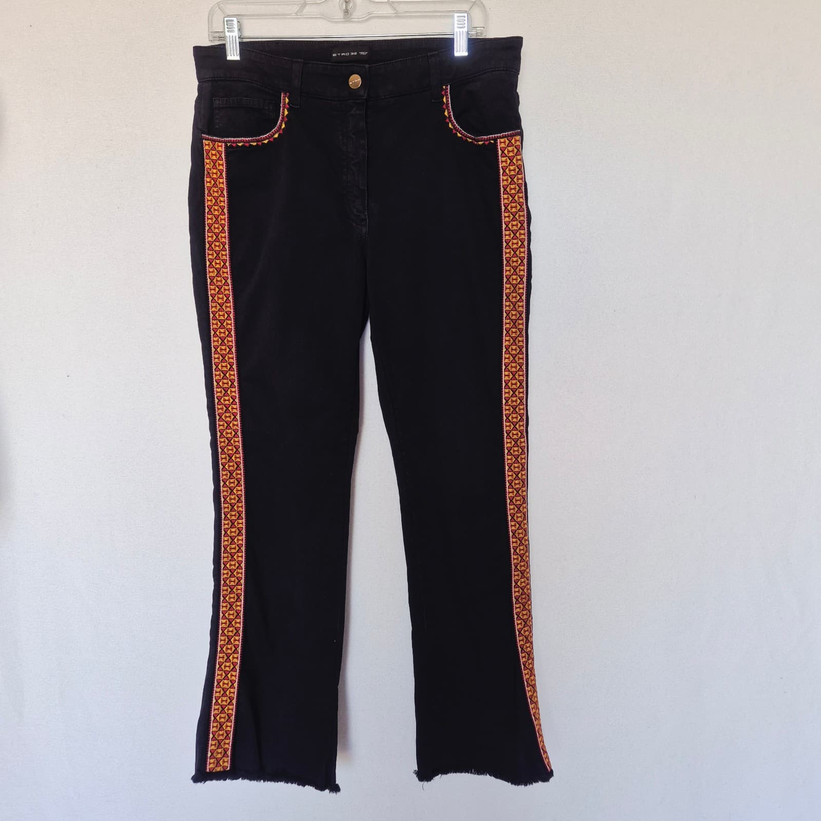 Etro Made in Italy Embroidered High Rise Kick Flare Jean Fray-Hem Black Women 32 - Thumbnail 2
