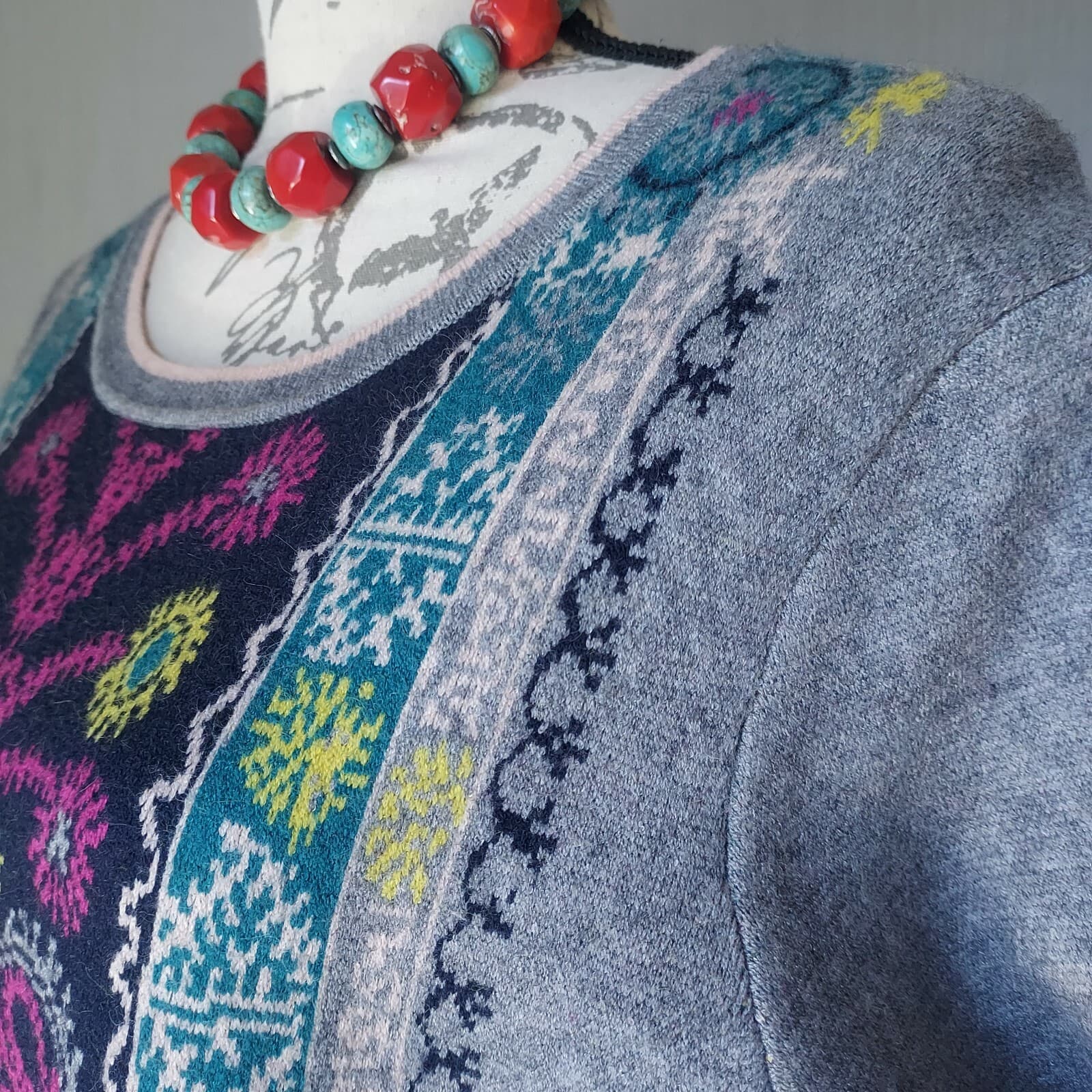 Akemi+Kin Anthropologie Kaleidoscope Sweater Dress Short Sleeve Floral Grey Sz.L - Thumbnail 6