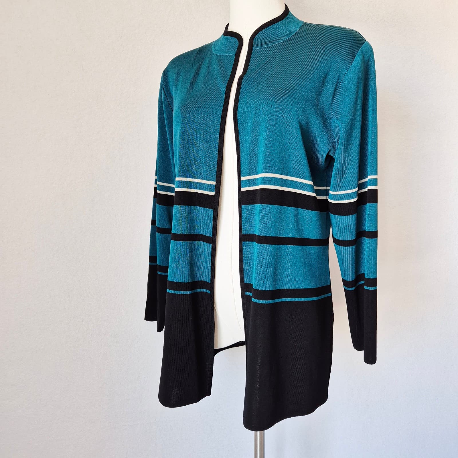 Exclusively Misook Open Front Cardigan Long Sleeve Knit Green Black Women's MP - Thumbnail 3