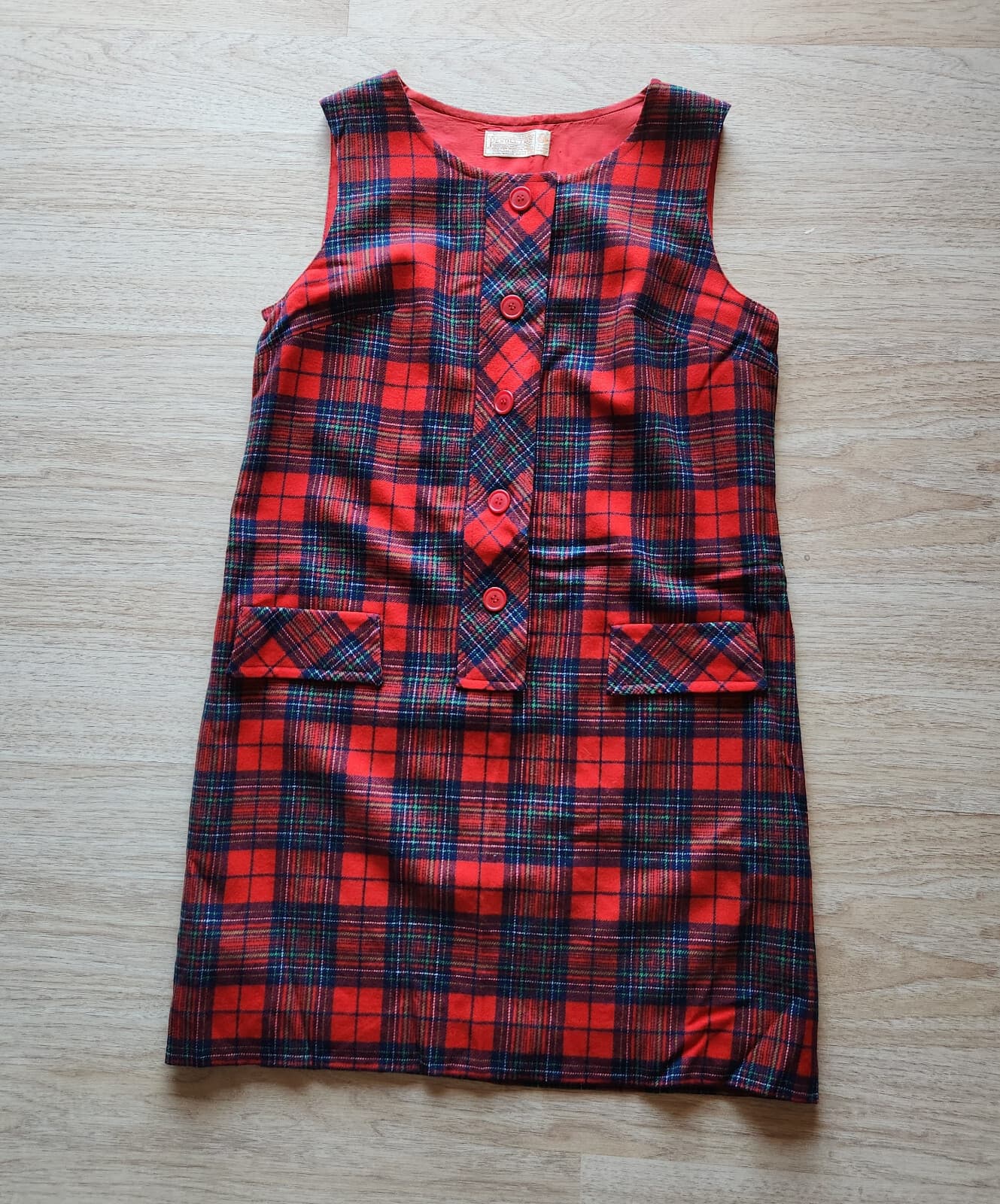Vintage Pendleton Wool Plaid Mini Sheath Dress Button Sleeveless Lined Red Sz.16 - Thumbnail 3