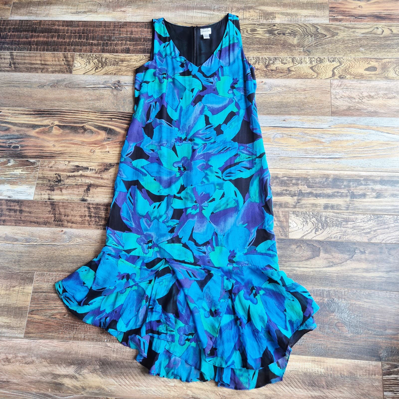 Vintage Y2K Chico's Silk Floral Asymmetrical-Hem Dress Sleeveless Blue Sz.1 (M) - Thumbnail 6