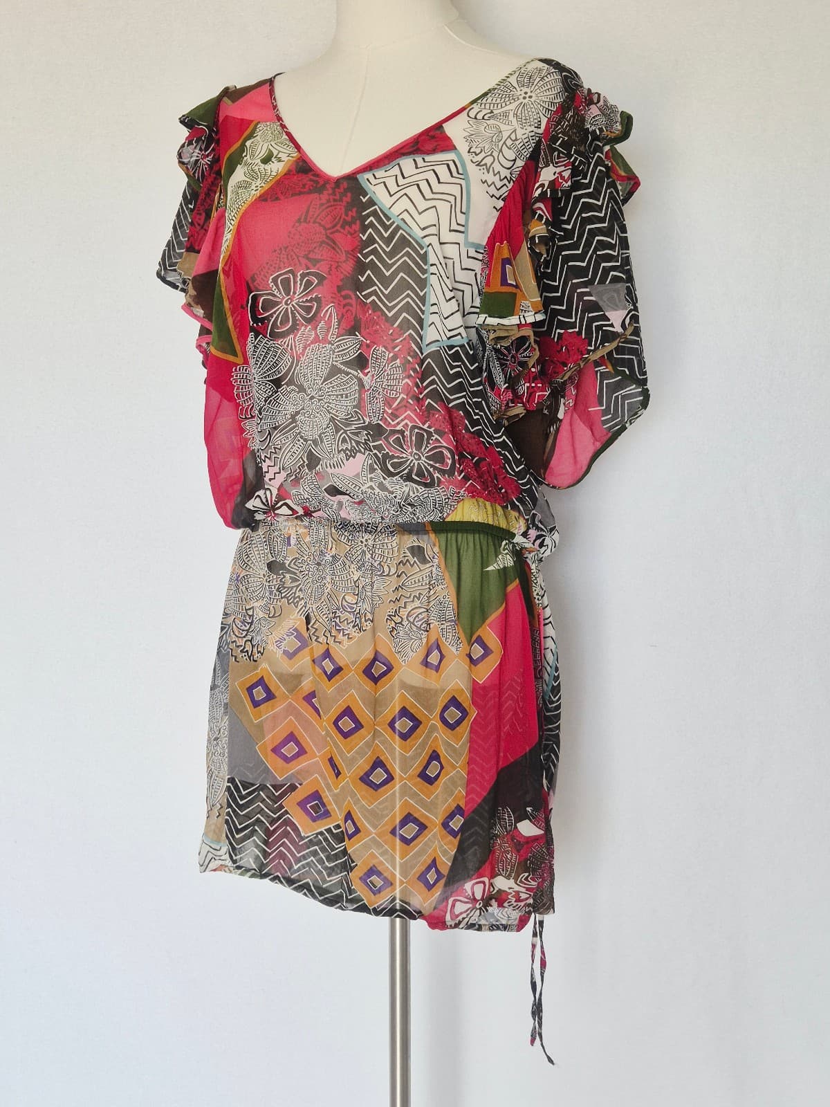 Pinkerton Anthropologie Silk Sheer Geo-Printed Ruffled Dropwaist Mini Dress Sz.M - Thumbnail 2