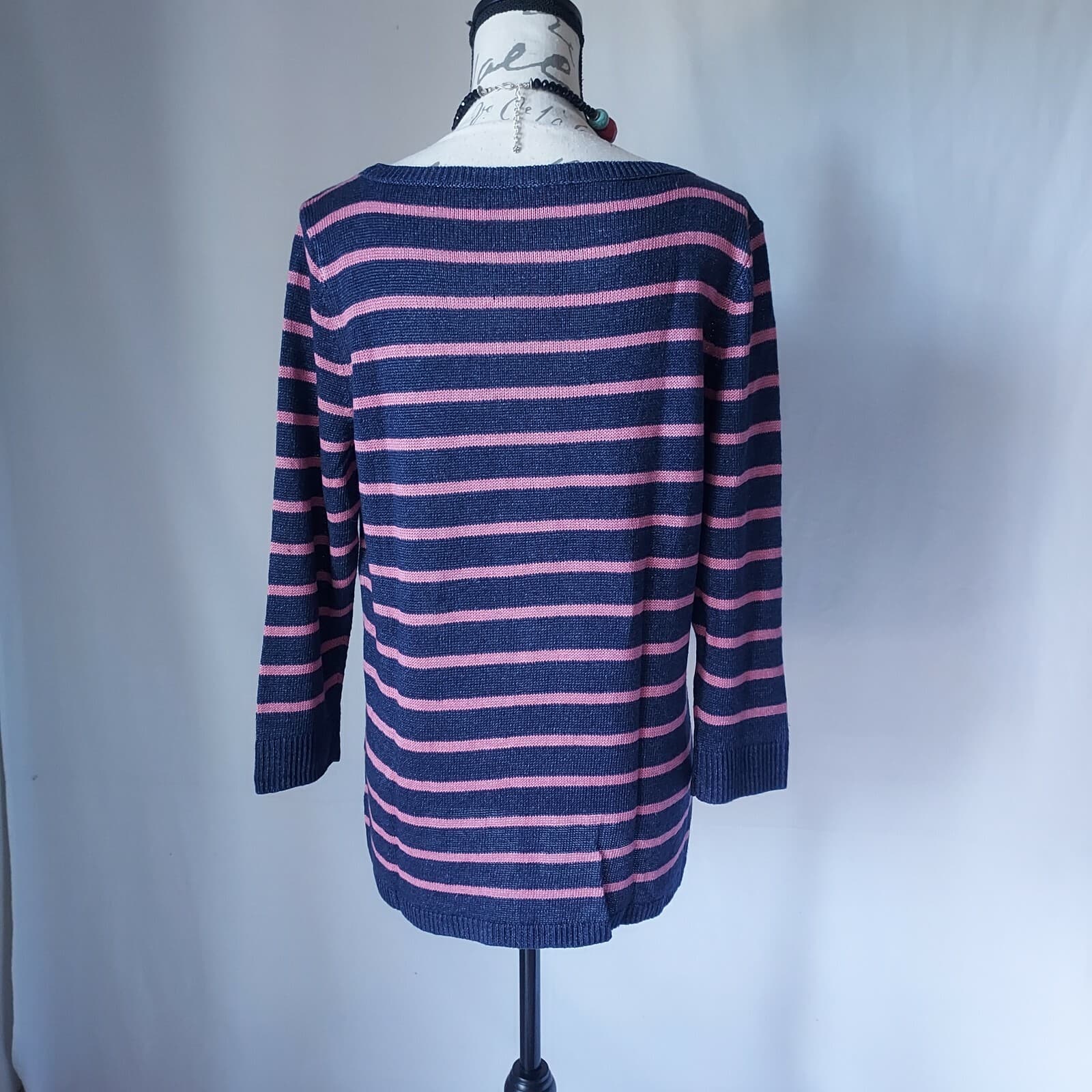 Talbots 100% Linen Sweater Pullover Boat Neck Navy Blue Pink Stripe Women Sz.L - Thumbnail 5