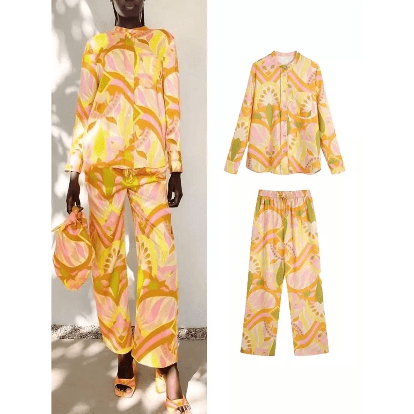ZARA Set of Muliticolor Printed Satin Top Pants Long Sleeve Straight-Leg Size L - Thumbnail 4