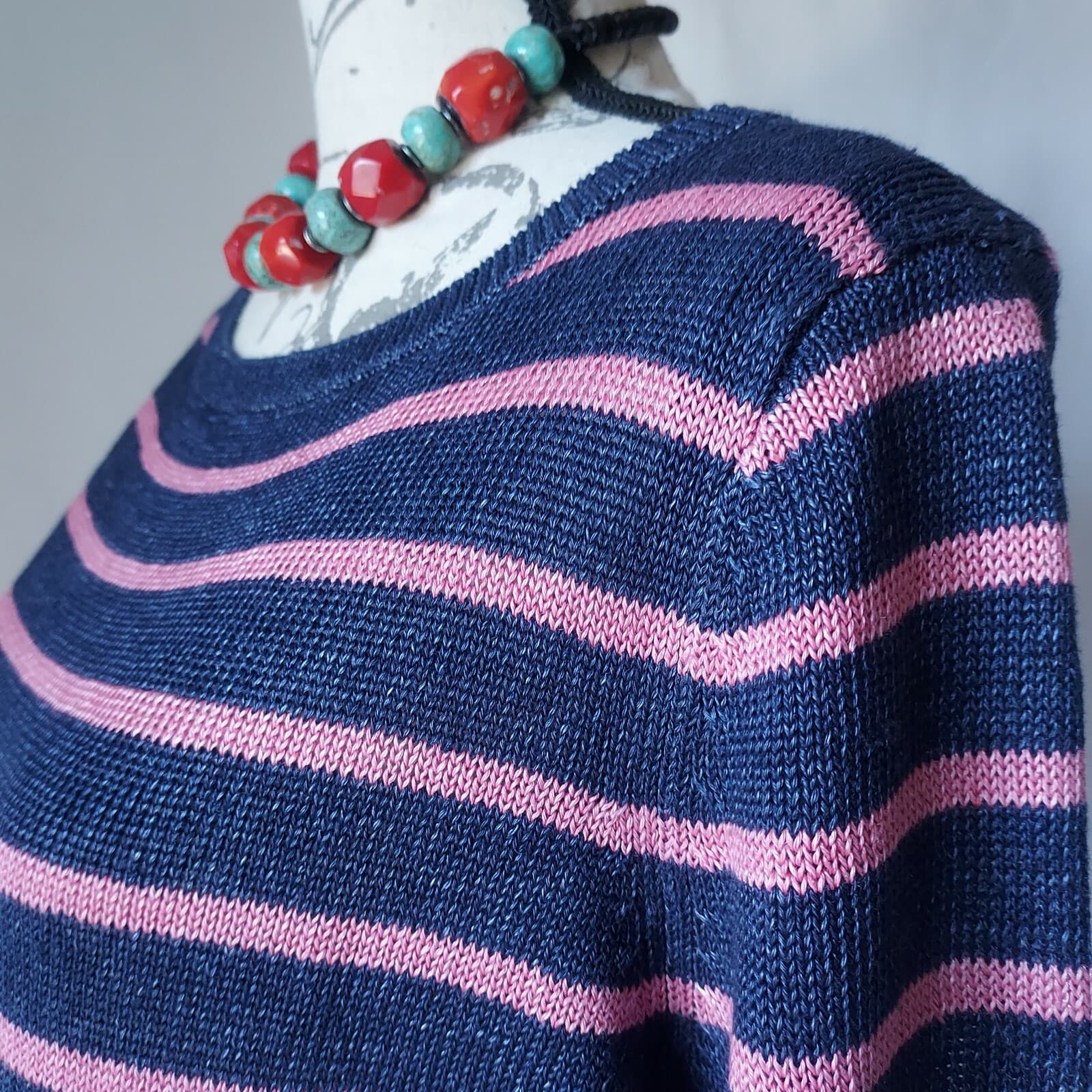 Talbots 100% Linen Sweater Pullover Boat Neck Navy Blue Pink Stripe Women Sz.L - Thumbnail 3
