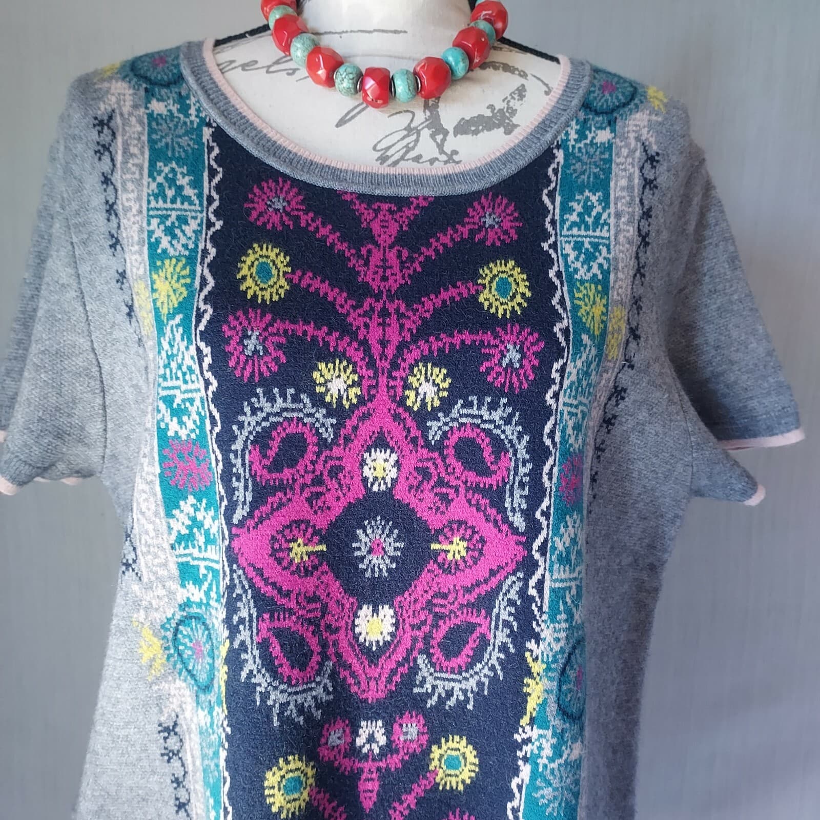 Akemi+Kin Anthropologie Kaleidoscope Sweater Dress Short Sleeve Floral Grey Sz.L - Thumbnail 5
