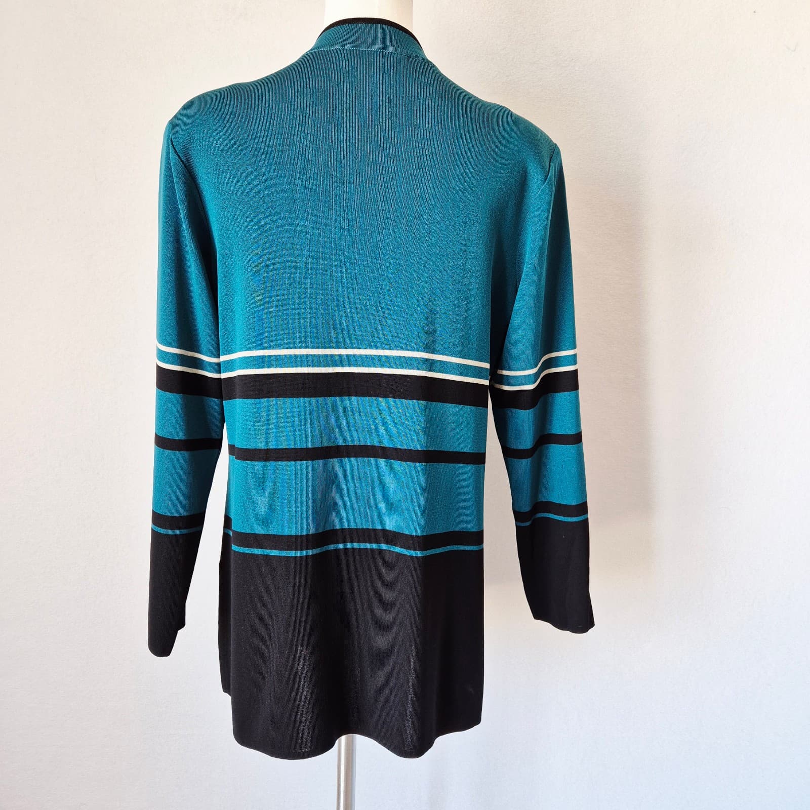 Exclusively Misook Open Front Cardigan Long Sleeve Knit Green Black Women's MP - Thumbnail 6
