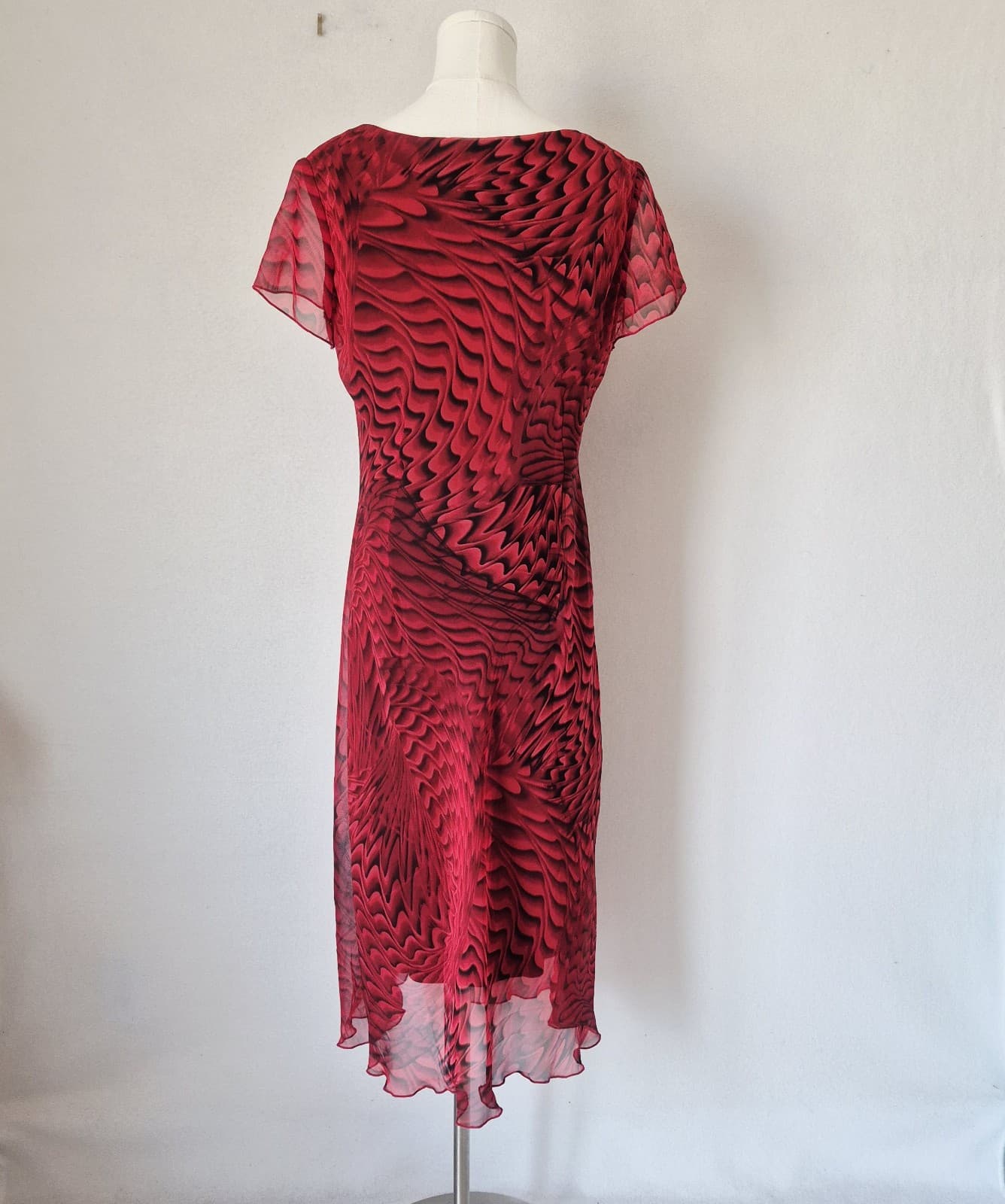 Vintage Meghan Matthes Feather Cheer Chiffon Midi Dress Lined Red Black Size 14 - Thumbnail 5