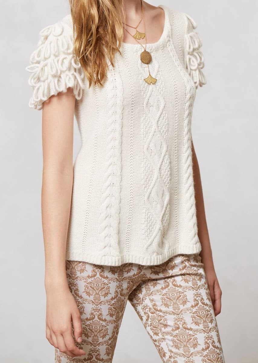 HWR by Anthropologie Looped Epaulet Cable Knit Short Sleeve Sweater Cream Sz.XS - Thumbnail 3