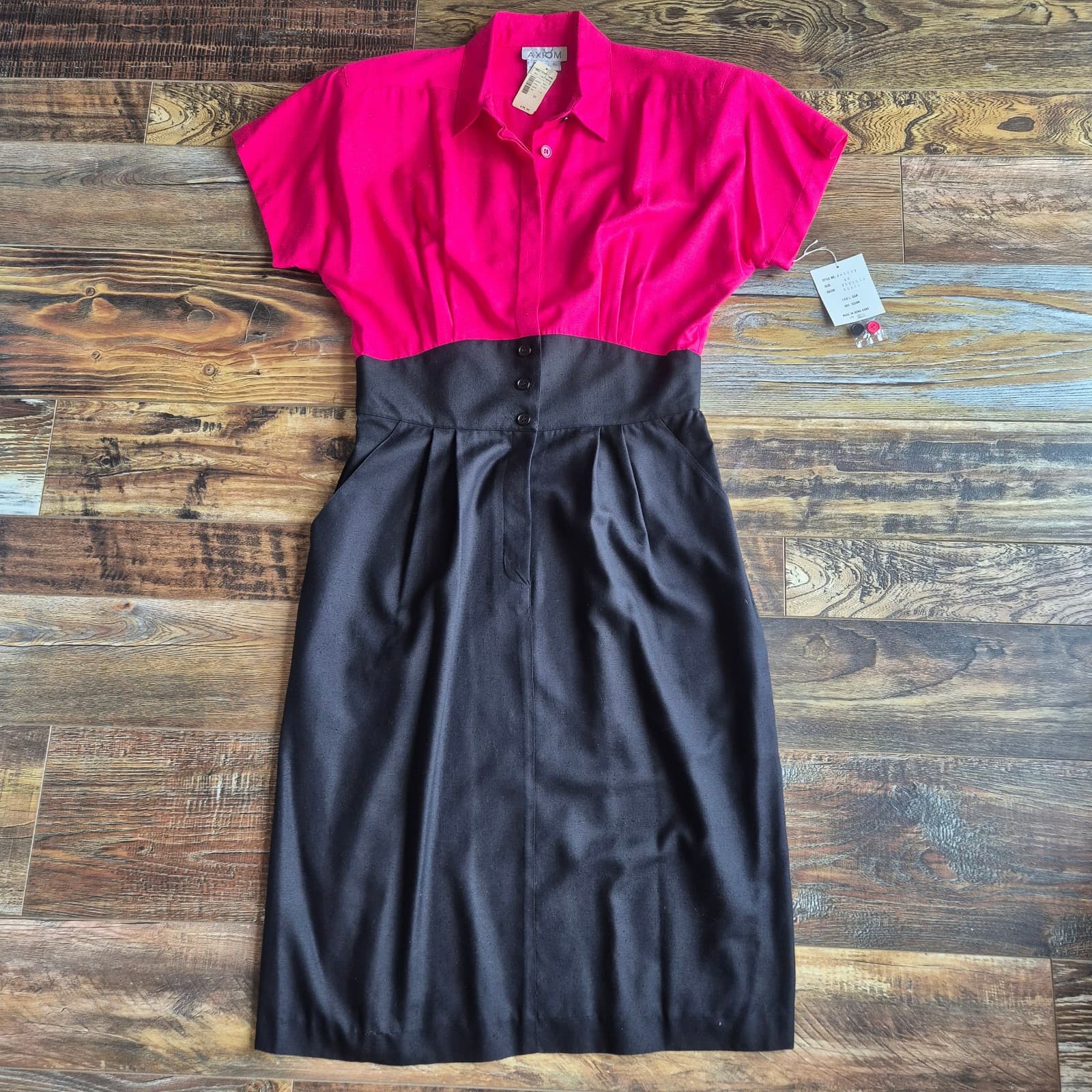 Vintage NWT AXIOM 100% Silk Sheath Dress Pleated Pocket Fuchsia Black Women's 16 - Thumbnail 7