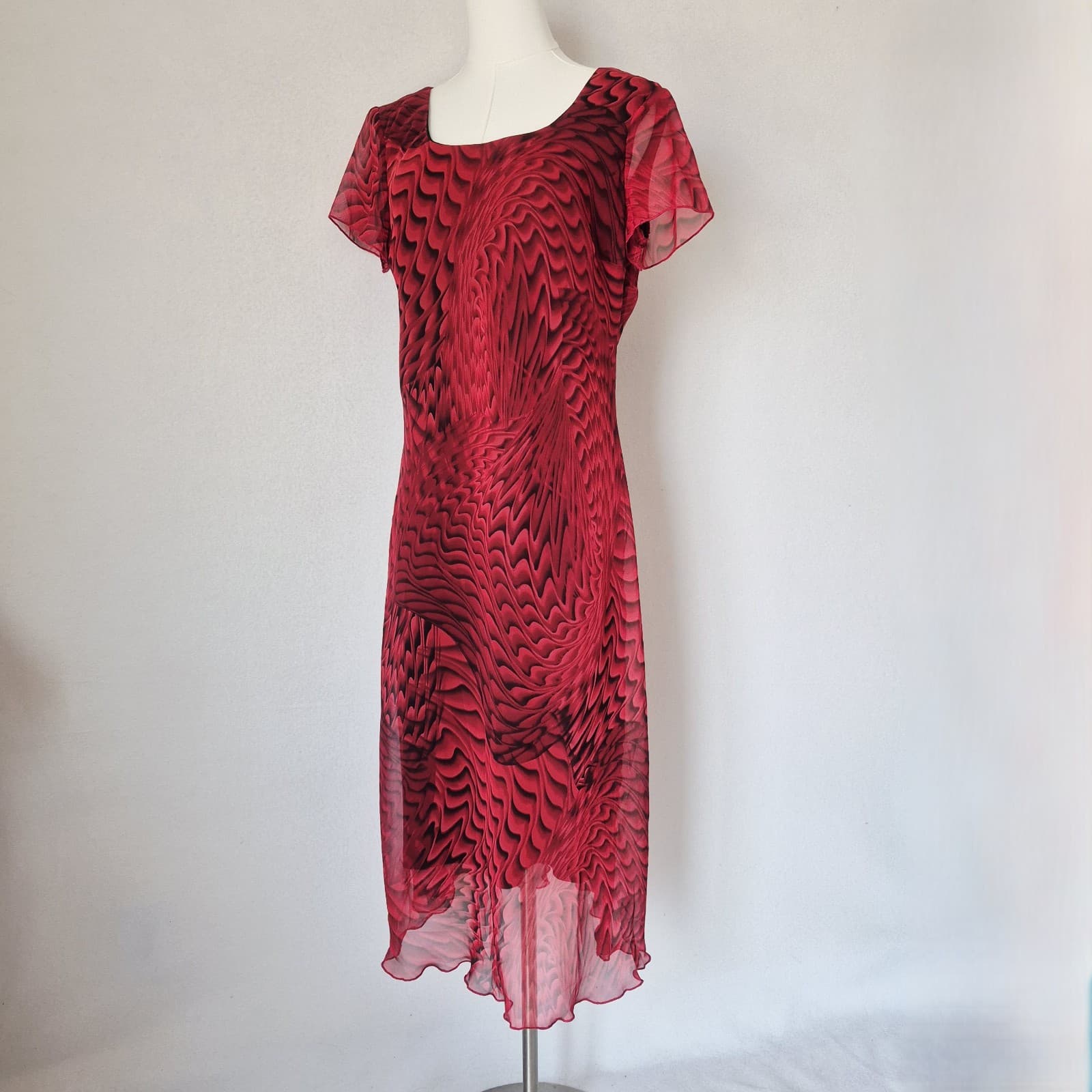 Vintage Meghan Matthes Feather Cheer Chiffon Midi Dress Lined Red Black Size 14 - Thumbnail 4