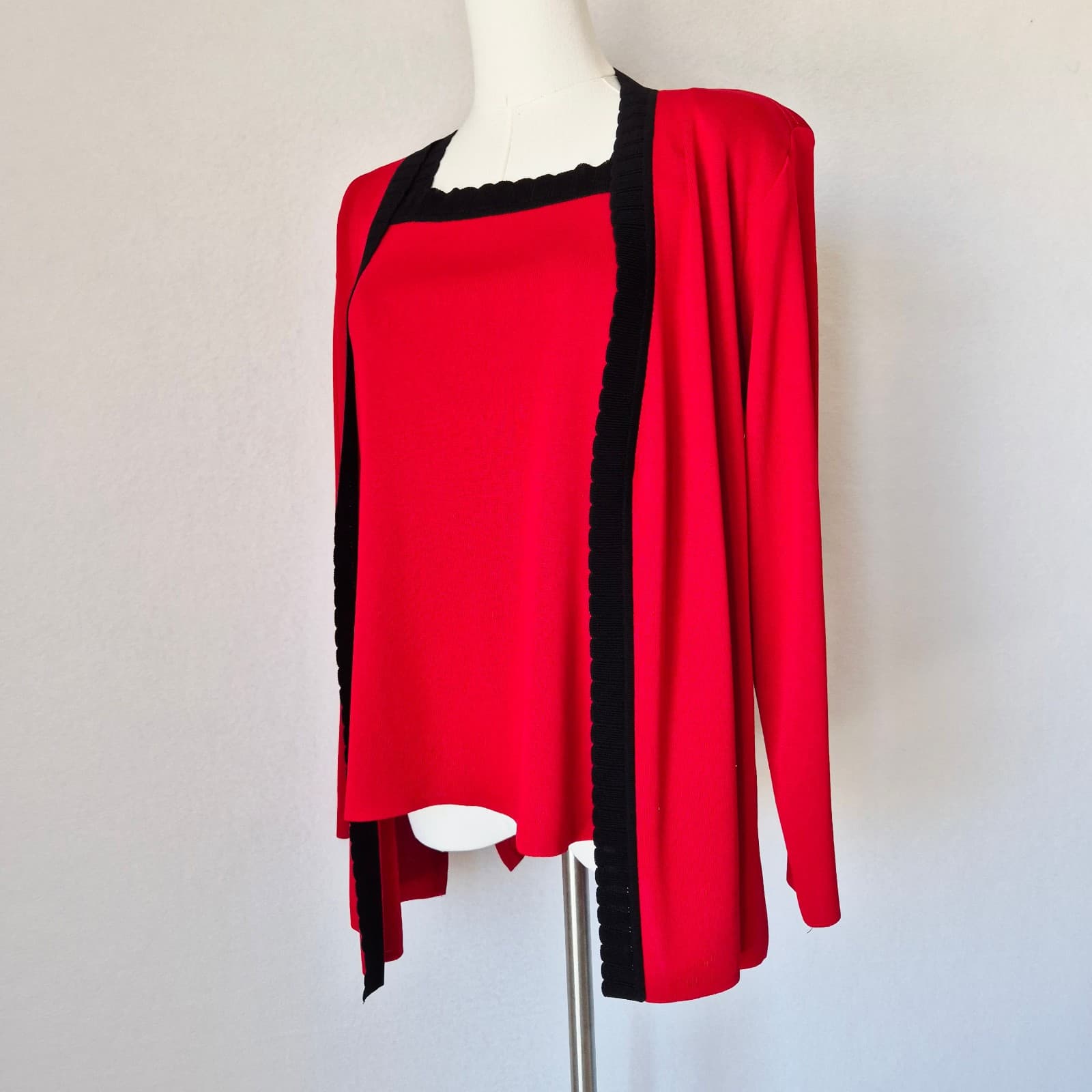 Exclusively Misook 2 Piece Tank Top + Open Cardigan Knit Red Black Women's PM - Thumbnail 6