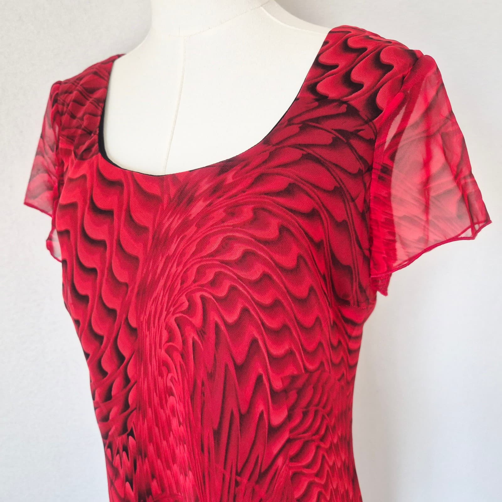 Vintage Meghan Matthes Feather Cheer Chiffon Midi Dress Lined Red Black Size 14 - Thumbnail 3