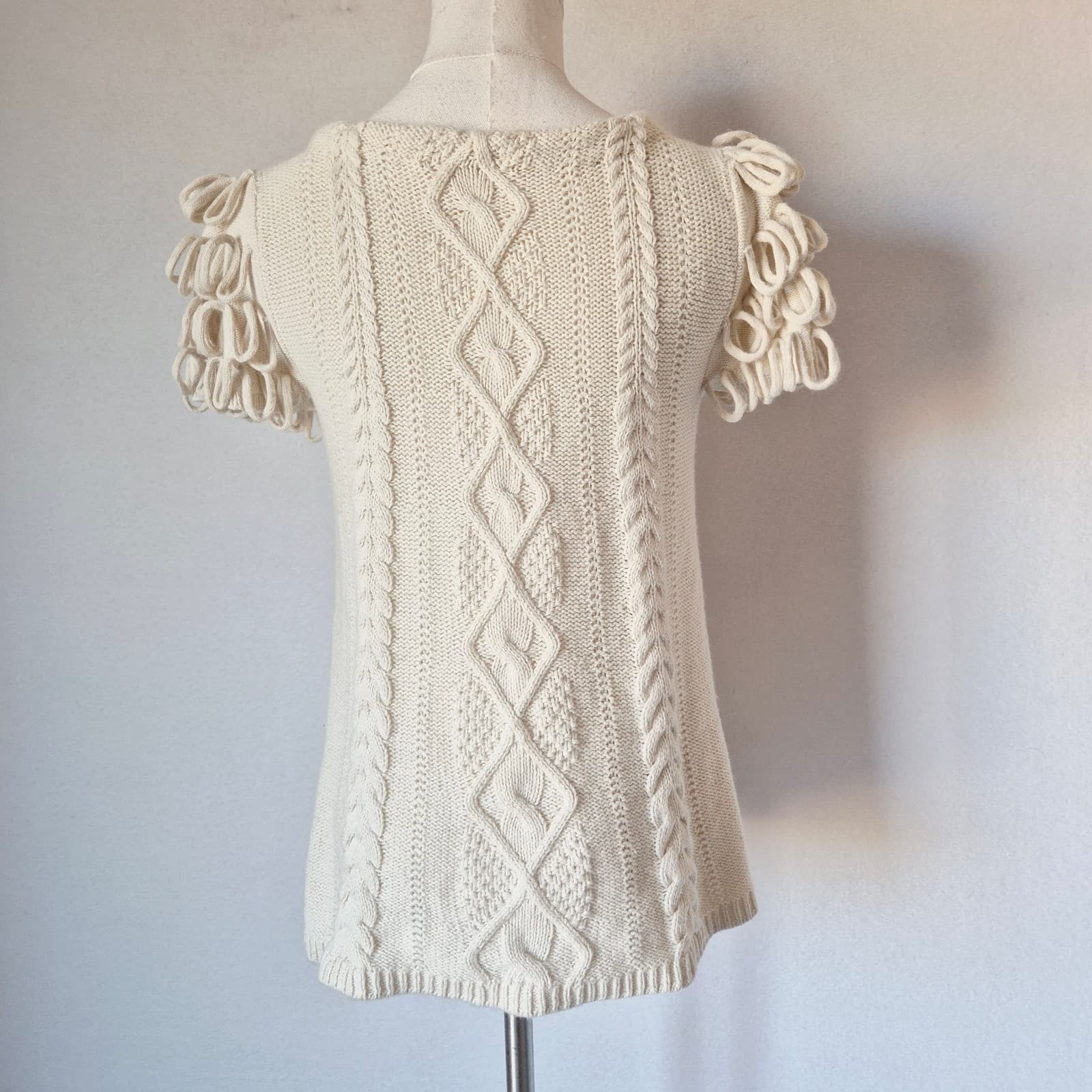 HWR by Anthropologie Looped Epaulet Cable Knit Short Sleeve Sweater Cream Sz.XS - Thumbnail 6