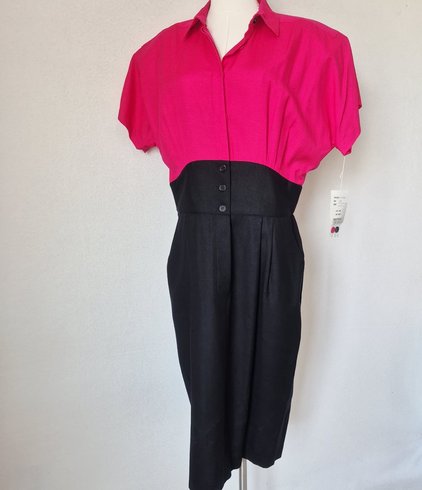 Vintage NWT AXIOM 100% Silk Sheath Dress Pleated Pocket Fuchsia Black Women's 16 - Thumbnail 3