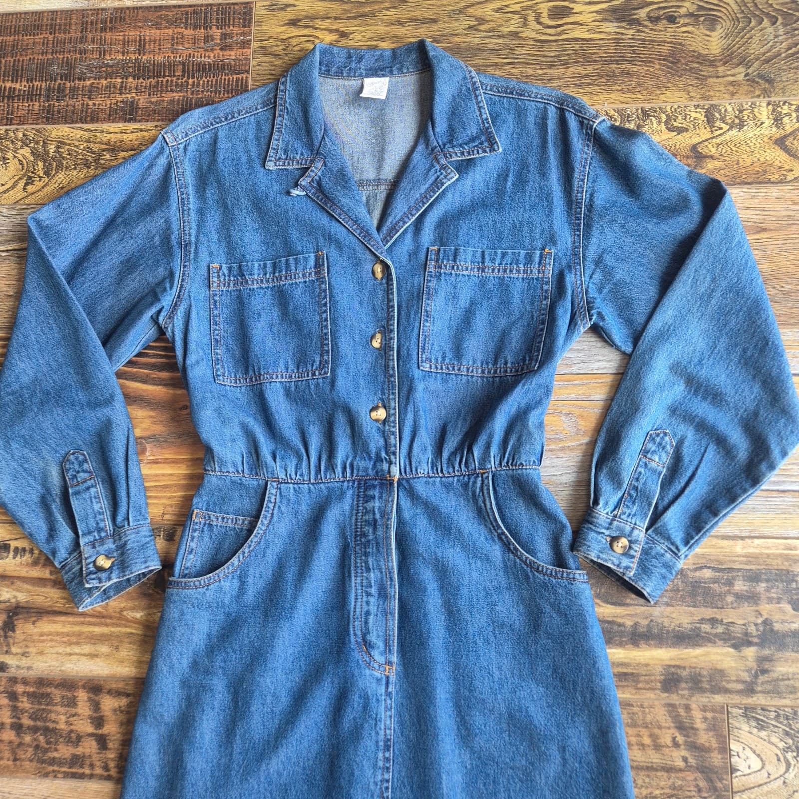 Vintage Lands' End Blue Denim Western Cowgirl Midi Shirt Dress Long Sleeve Sz.P8 - Thumbnail 6