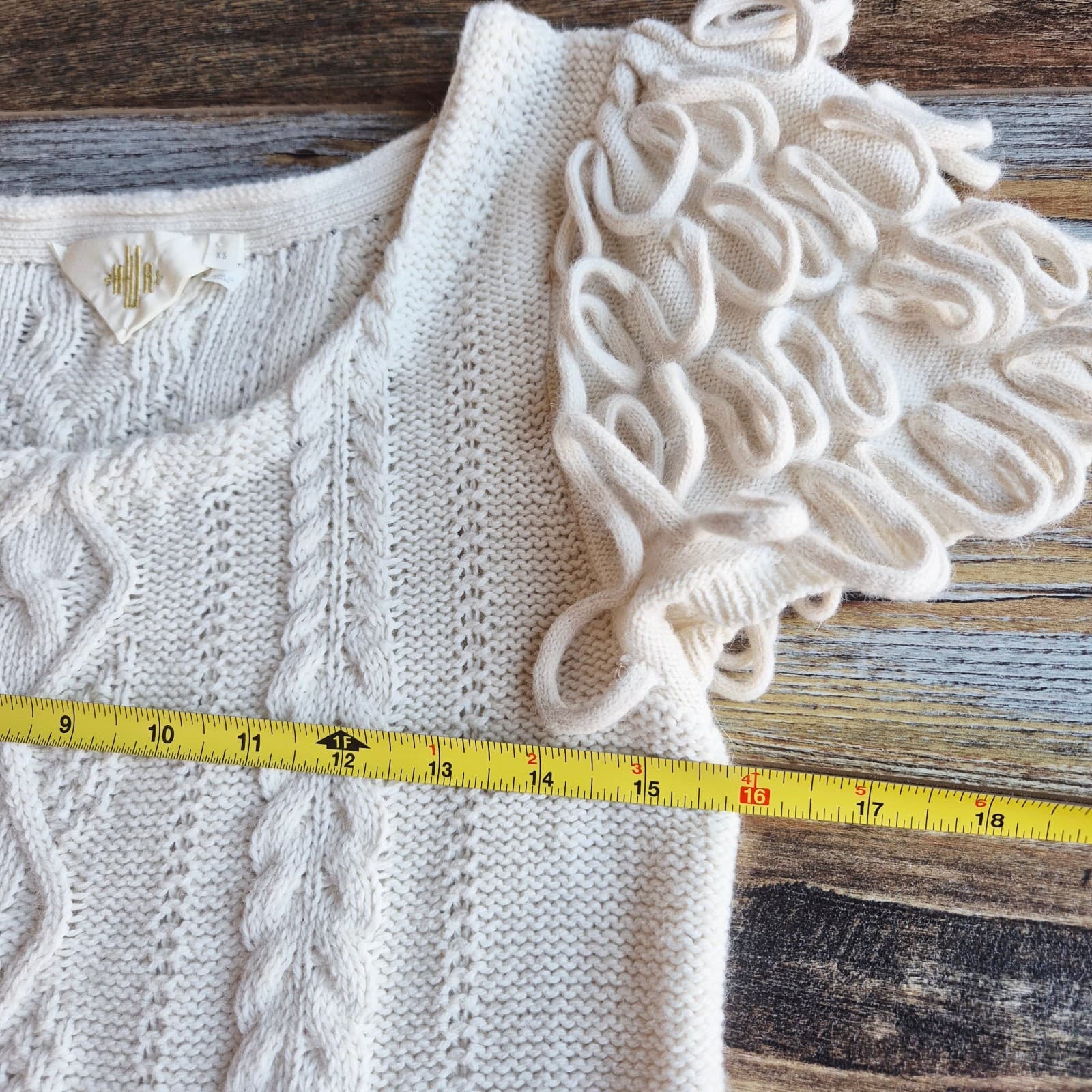 HWR by Anthropologie Looped Epaulet Cable Knit Short Sleeve Sweater Cream Sz.XS - Thumbnail 11