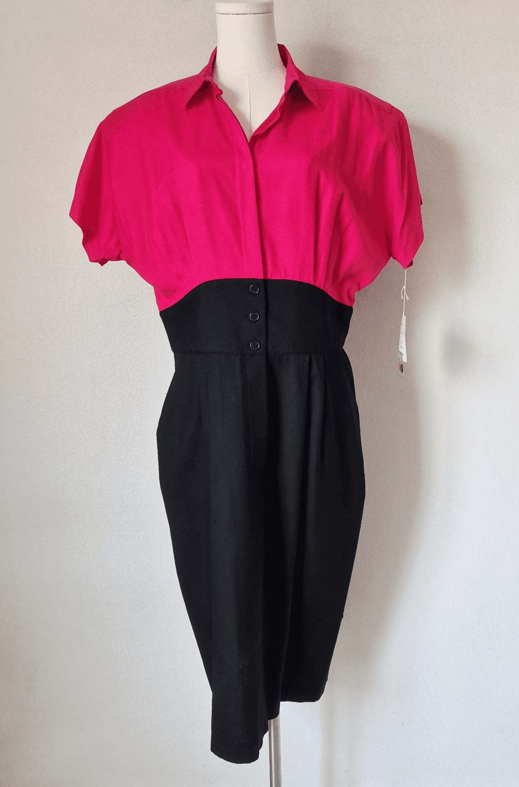 Vintage NWT AXIOM 100% Silk Sheath Dress Pleated Pocket Fuchsia Black Women's 16 - Thumbnail 2