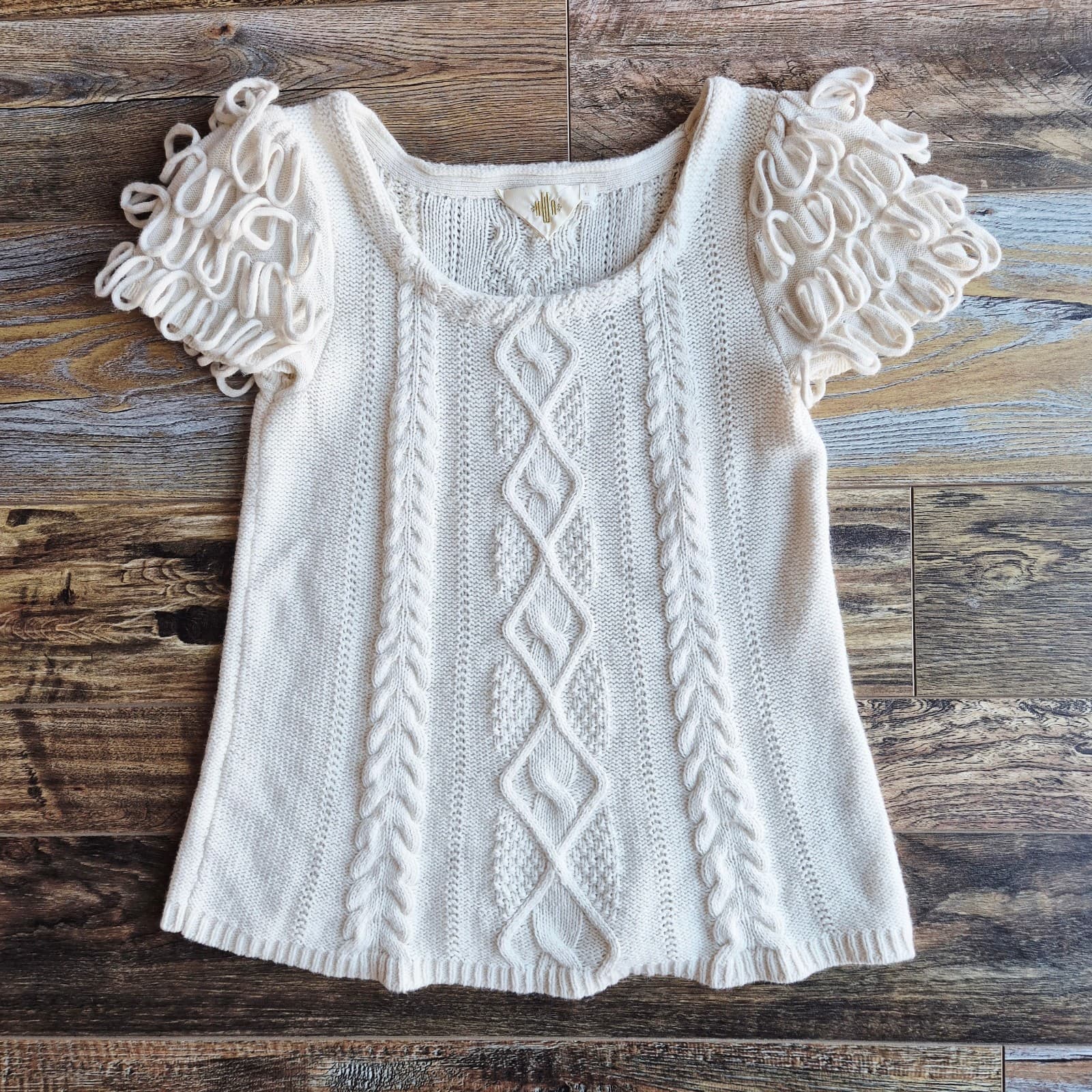 HWR by Anthropologie Looped Epaulet Cable Knit Short Sleeve Sweater Cream Sz.XS - Thumbnail 4
