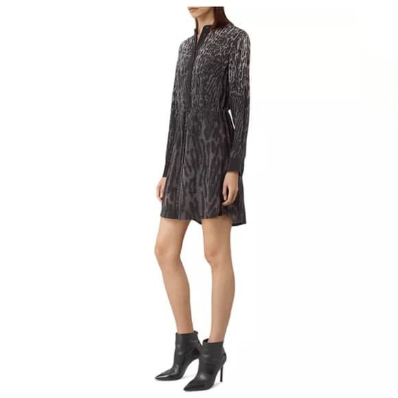 NWT AllSaints Helle Sinai Leopard Silk Shirt Dress Long Sleeve Taupe Sz.4 $340 - Thumbnail 6
