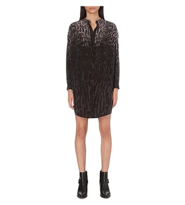 NWT AllSaints Helle Sinai Leopard Silk Shirt Dress Long Sleeve Taupe Sz.4 $340 - Thumbnail 4