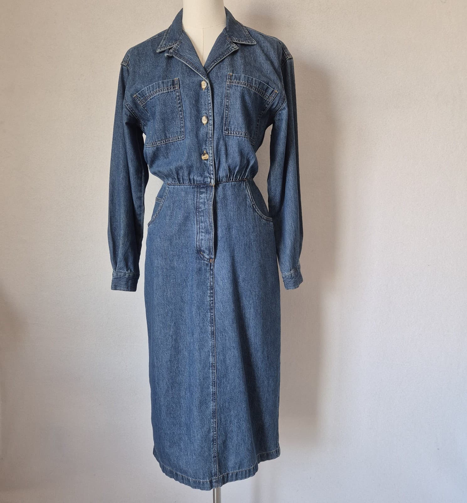 Vintage Lands' End Blue Denim Western Cowgirl Midi Shirt Dress Long Sleeve Sz.P8 - Thumbnail 2