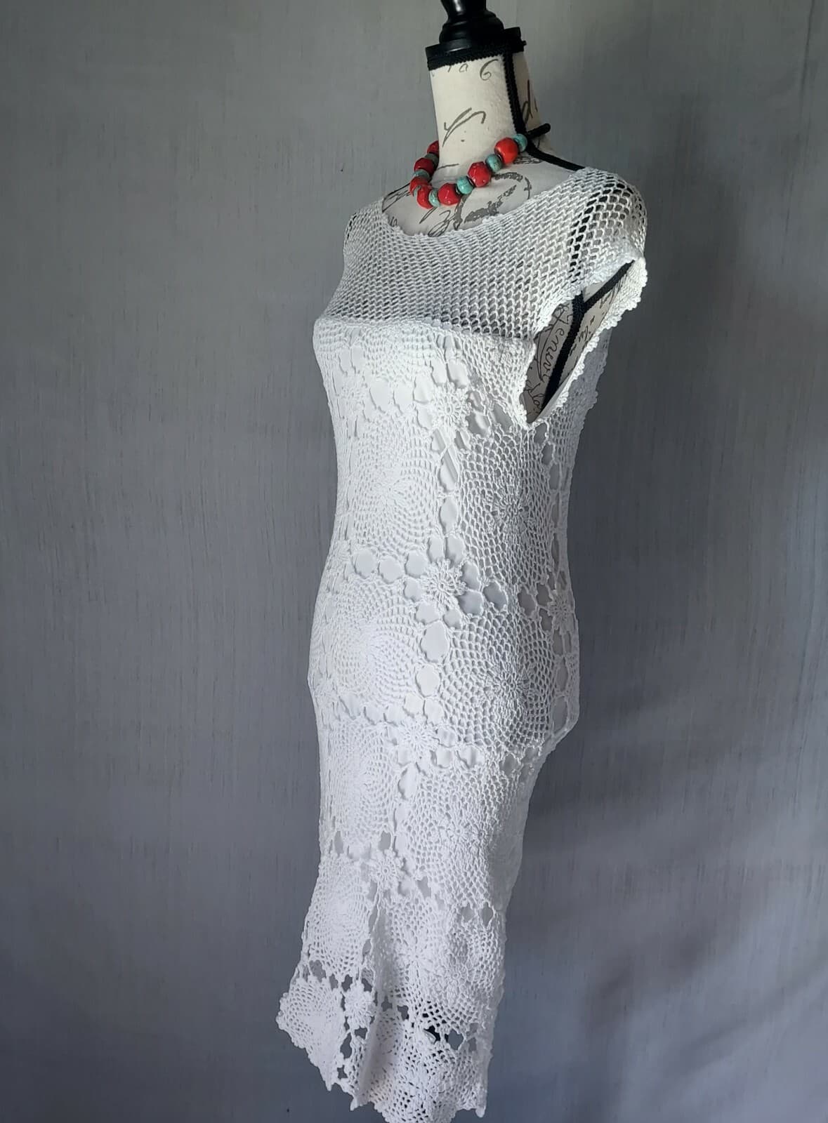 TRINA TURK Crochet Mini Sheath Dress Sleeveless Lined White Cotton Women Medium - Thumbnail 6