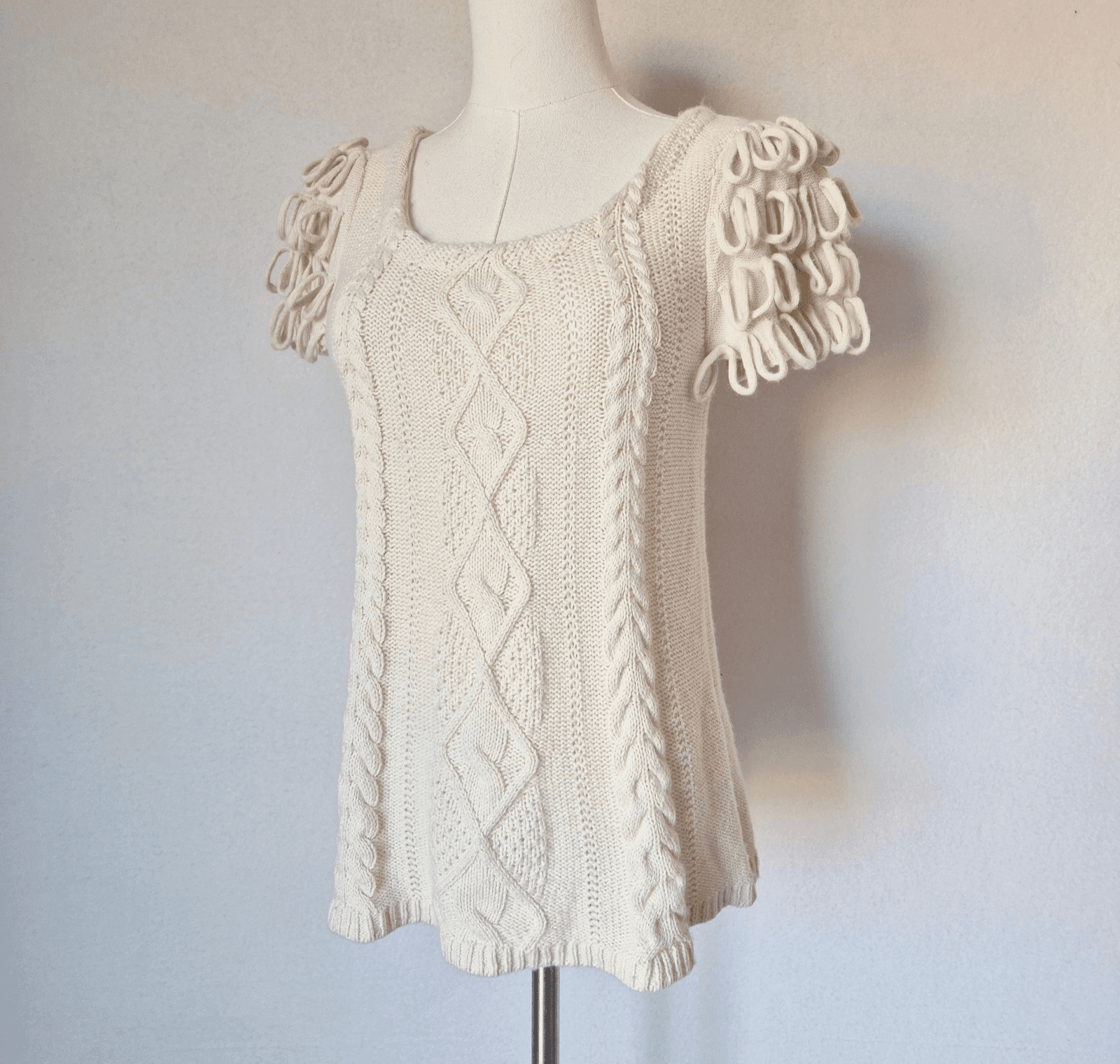 HWR by Anthropologie Looped Epaulet Cable Knit Short Sleeve Sweater Cream Sz.XS