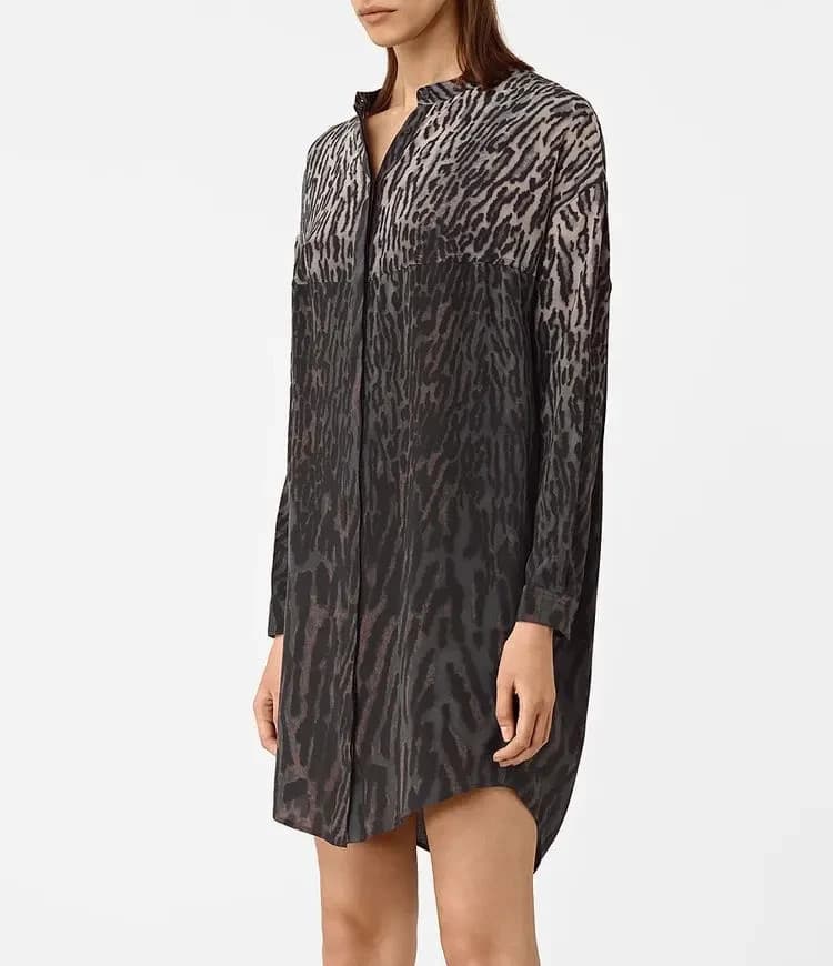 NWT AllSaints Helle Sinai Leopard Silk Shirt Dress Long Sleeve Taupe Sz.4 $340 - Thumbnail 2