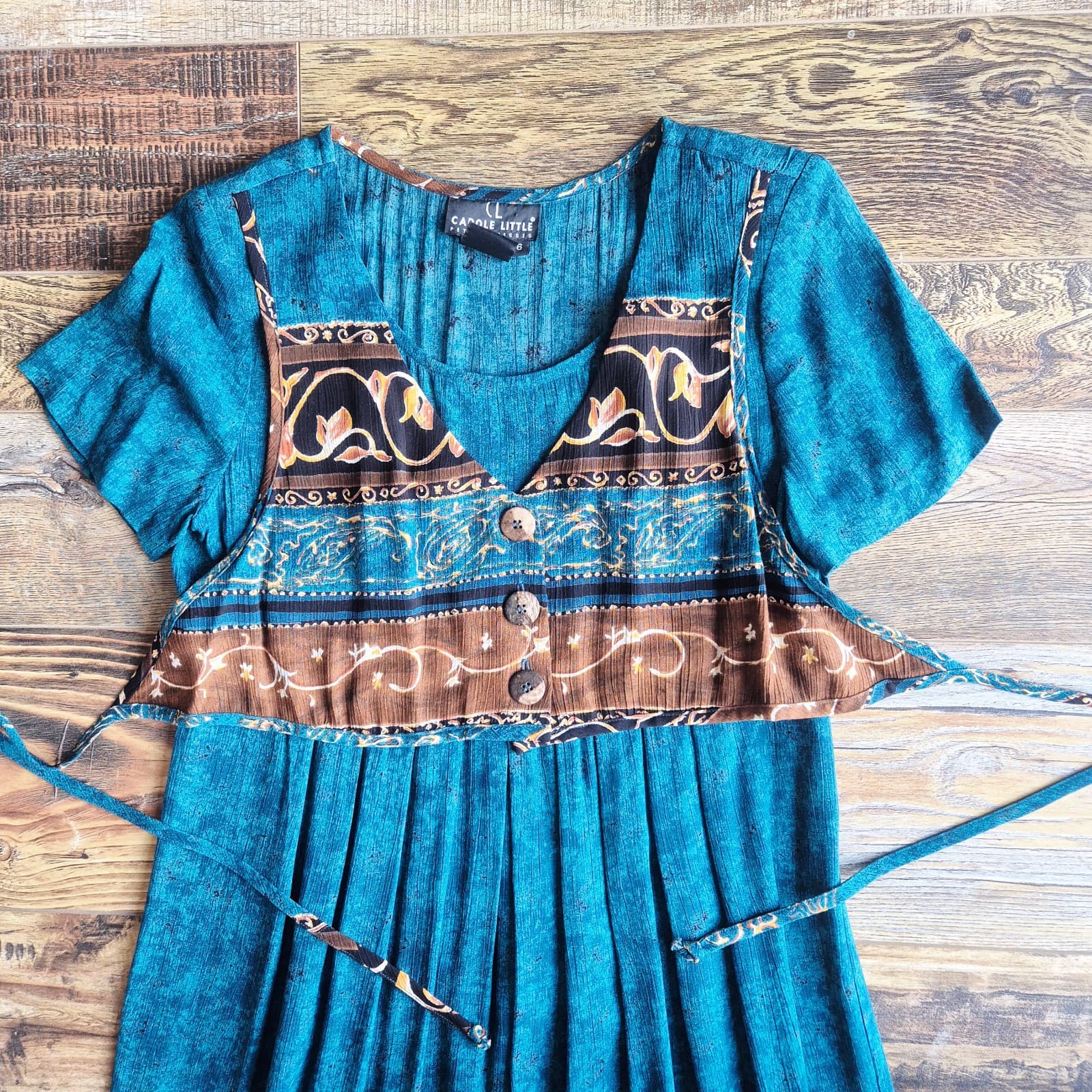Vintage Carole Little Petite Dress Maxi Built-in Vest Pleated Rayon Crinkle Sz.6 - Thumbnail 7