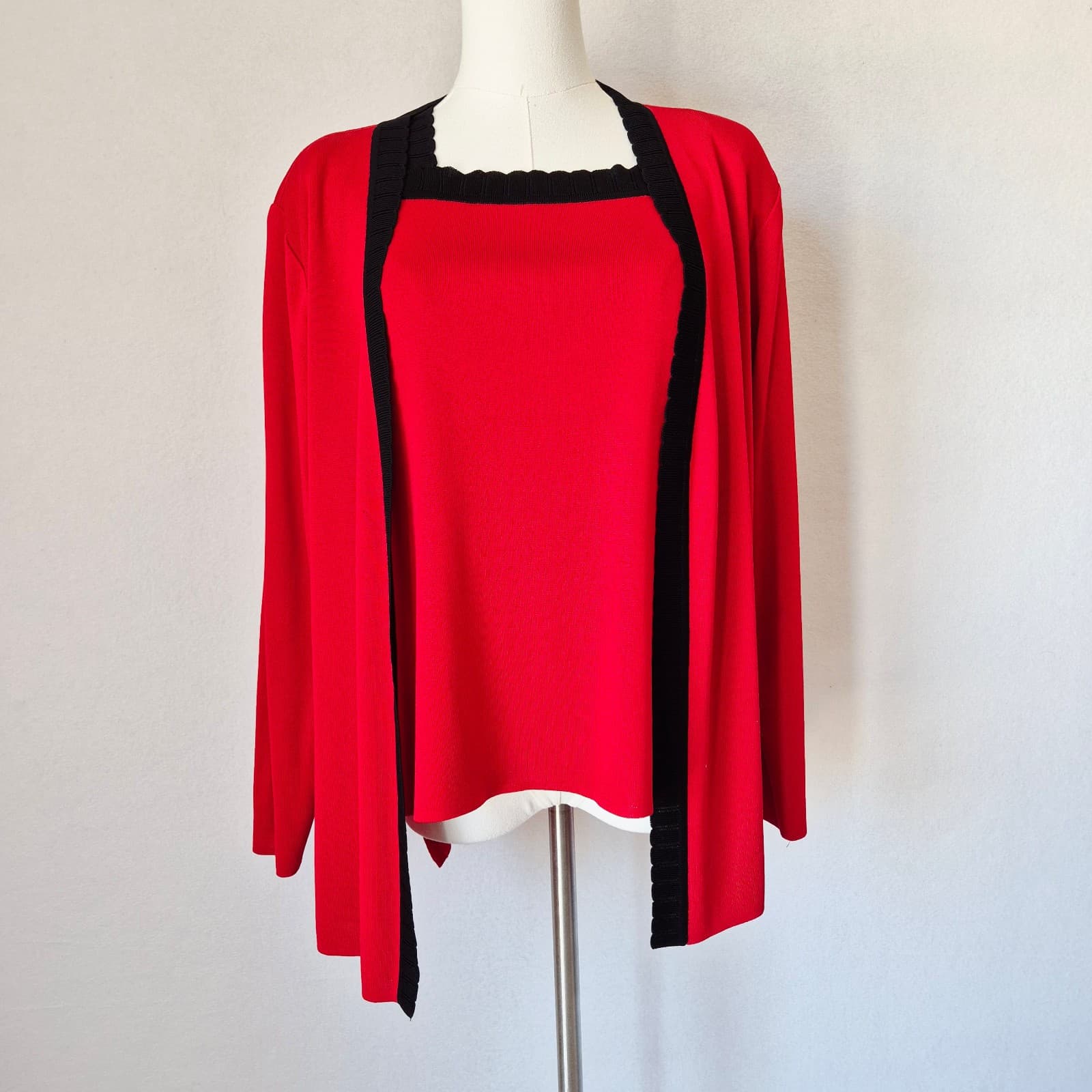 Exclusively Misook 2 Piece Tank Top + Open Cardigan Knit Red Black Women's PM - Thumbnail 4