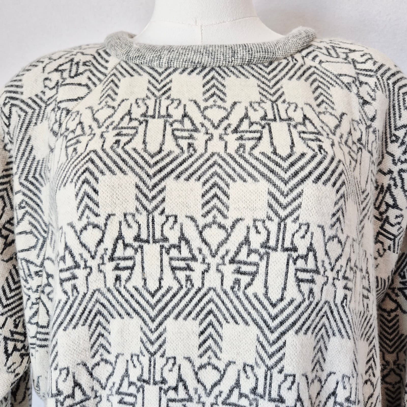 Vintage Sua Original Japan Wool Patterned Dolman Midi Sweater Dress Ivory Grey - Thumbnail 4