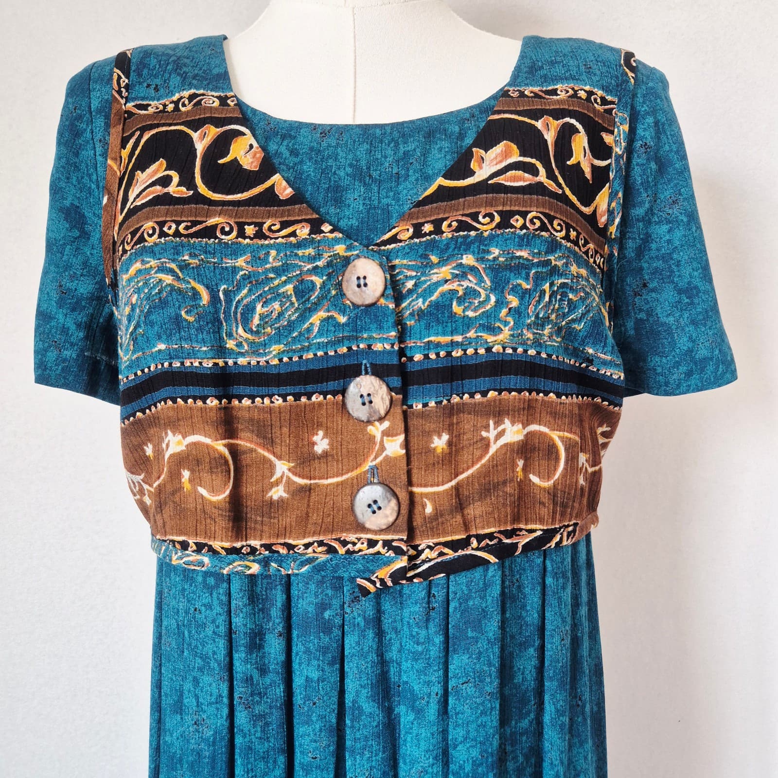 Vintage Carole Little Petite Dress Maxi Built-in Vest Pleated Rayon Crinkle Sz.6 - Thumbnail 2