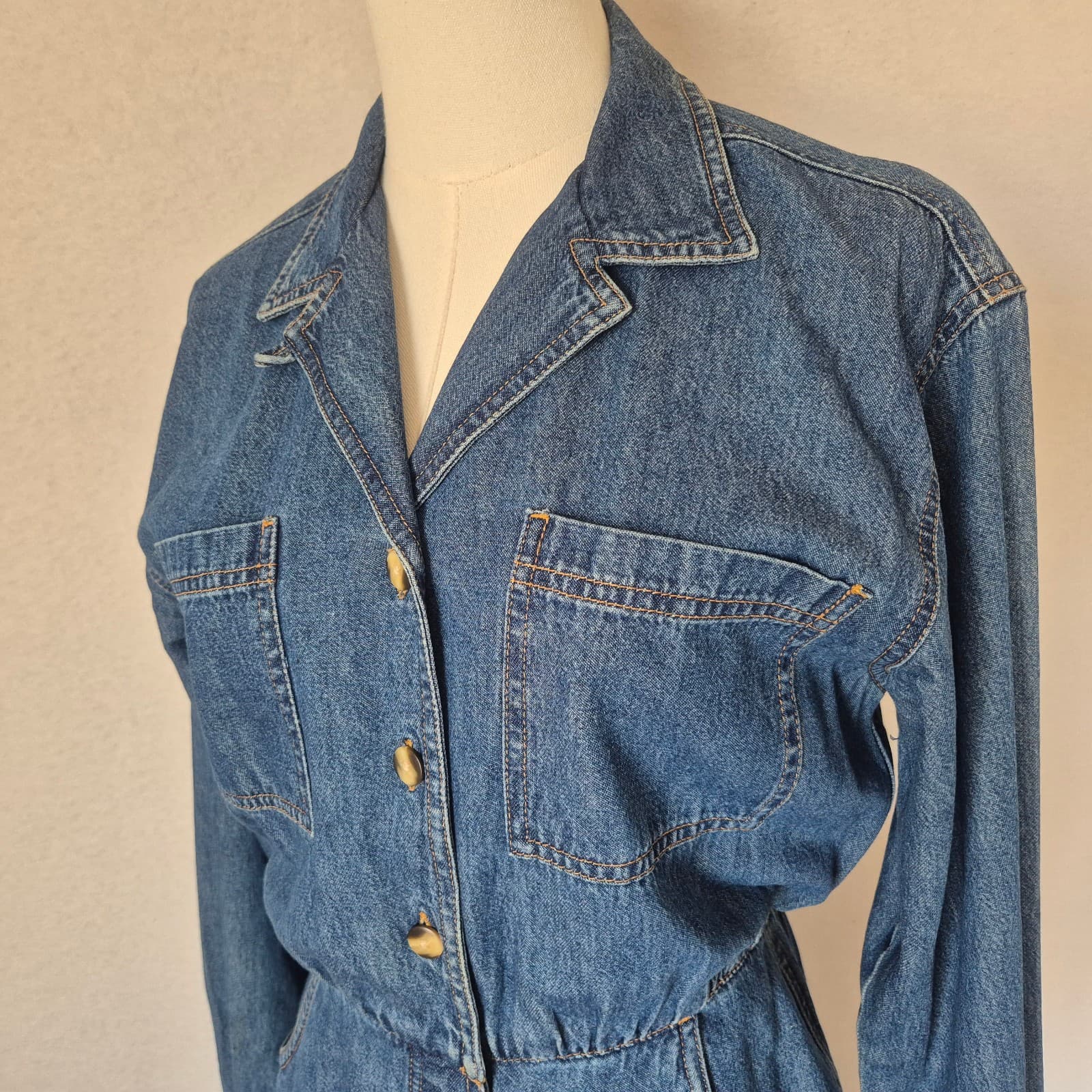 Vintage Lands' End Blue Denim Western Cowgirl Midi Shirt Dress Long Sleeve Sz.P8 - Thumbnail 3