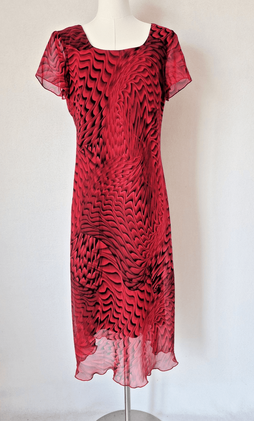 Vintage Meghan Matthes Feather Cheer Chiffon Midi Dress Lined Red Black Size 14 - Thumbnail 2