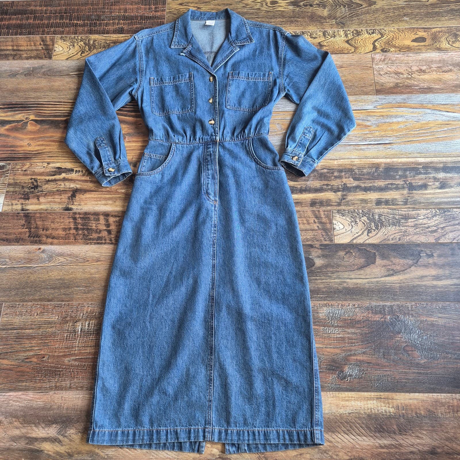 Vintage Lands' End Blue Denim Western Cowgirl Midi Shirt Dress Long Sleeve Sz.P8 - Thumbnail 5
