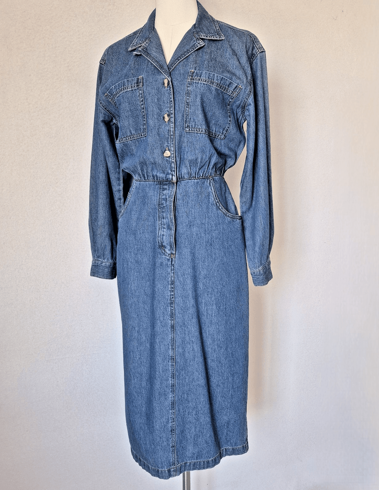 Vintage Lands' End Blue Denim Western Cowgirl Midi Shirt Dress Long Sleeve Sz.P8