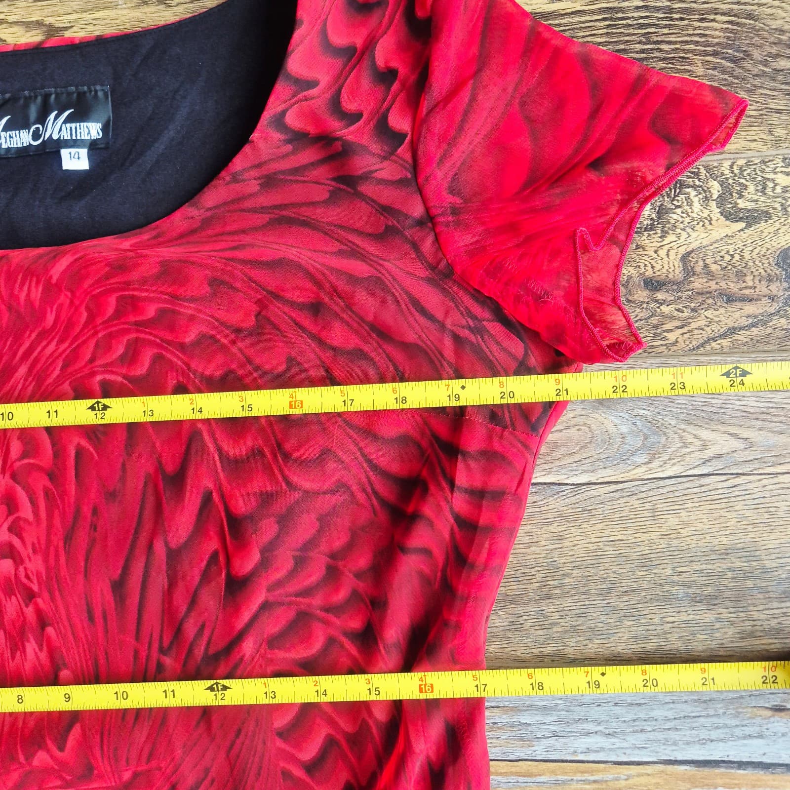 Vintage Meghan Matthes Feather Cheer Chiffon Midi Dress Lined Red Black Size 14 - Thumbnail 11