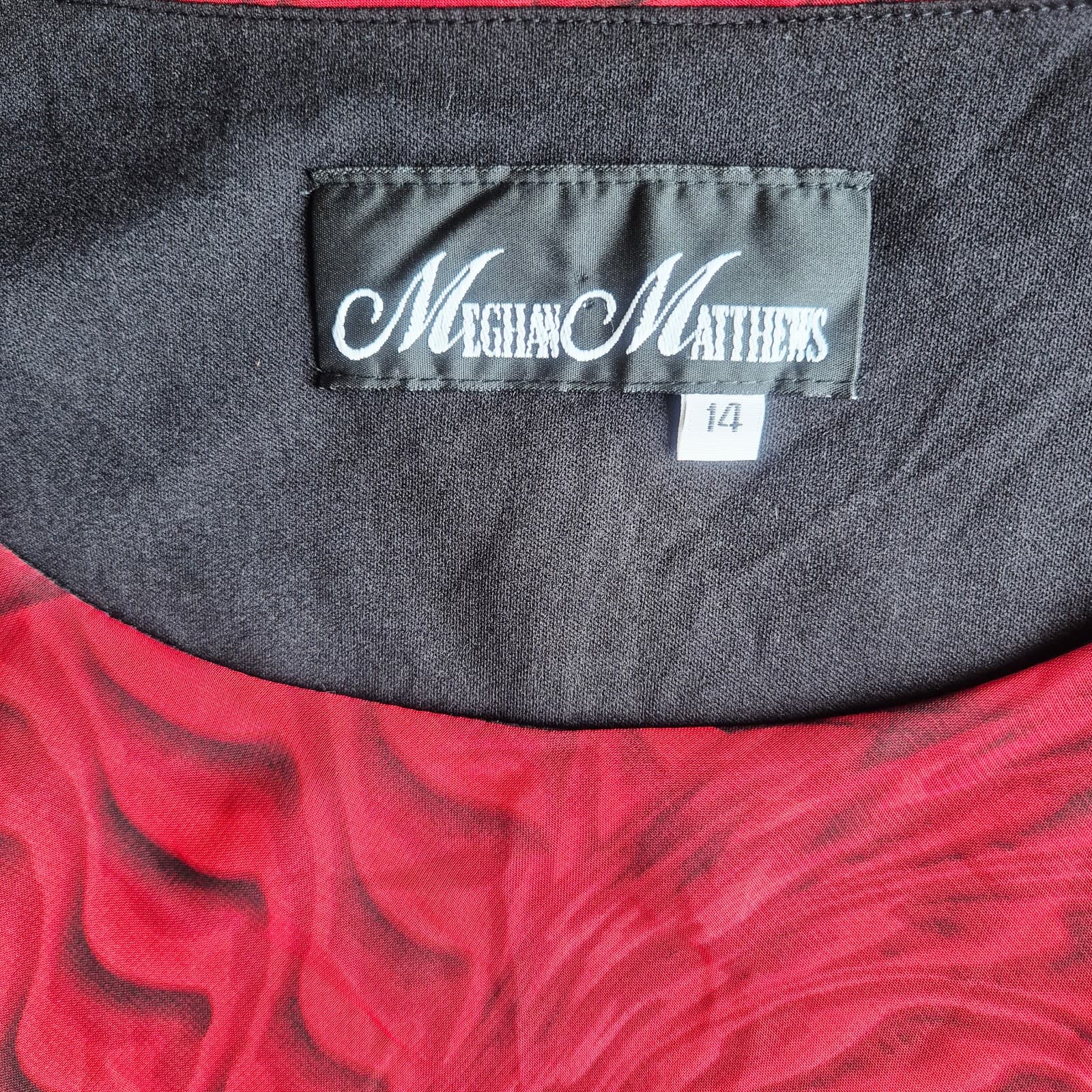 Vintage Meghan Matthes Feather Cheer Chiffon Midi Dress Lined Red Black Size 14 - Thumbnail 6