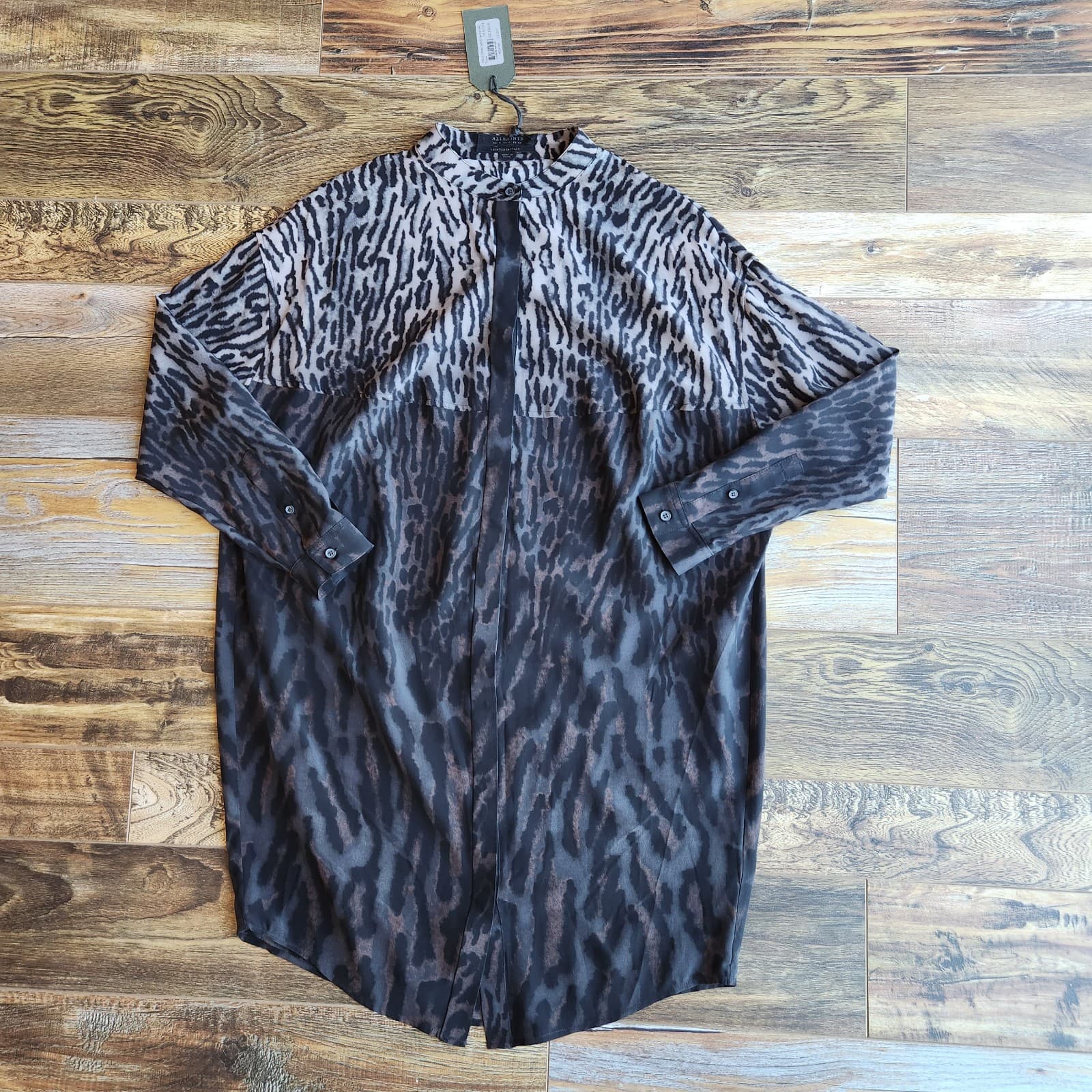 NWT AllSaints Helle Sinai Leopard Silk Shirt Dress Long Sleeve Taupe Sz.4 $340 - Thumbnail 7