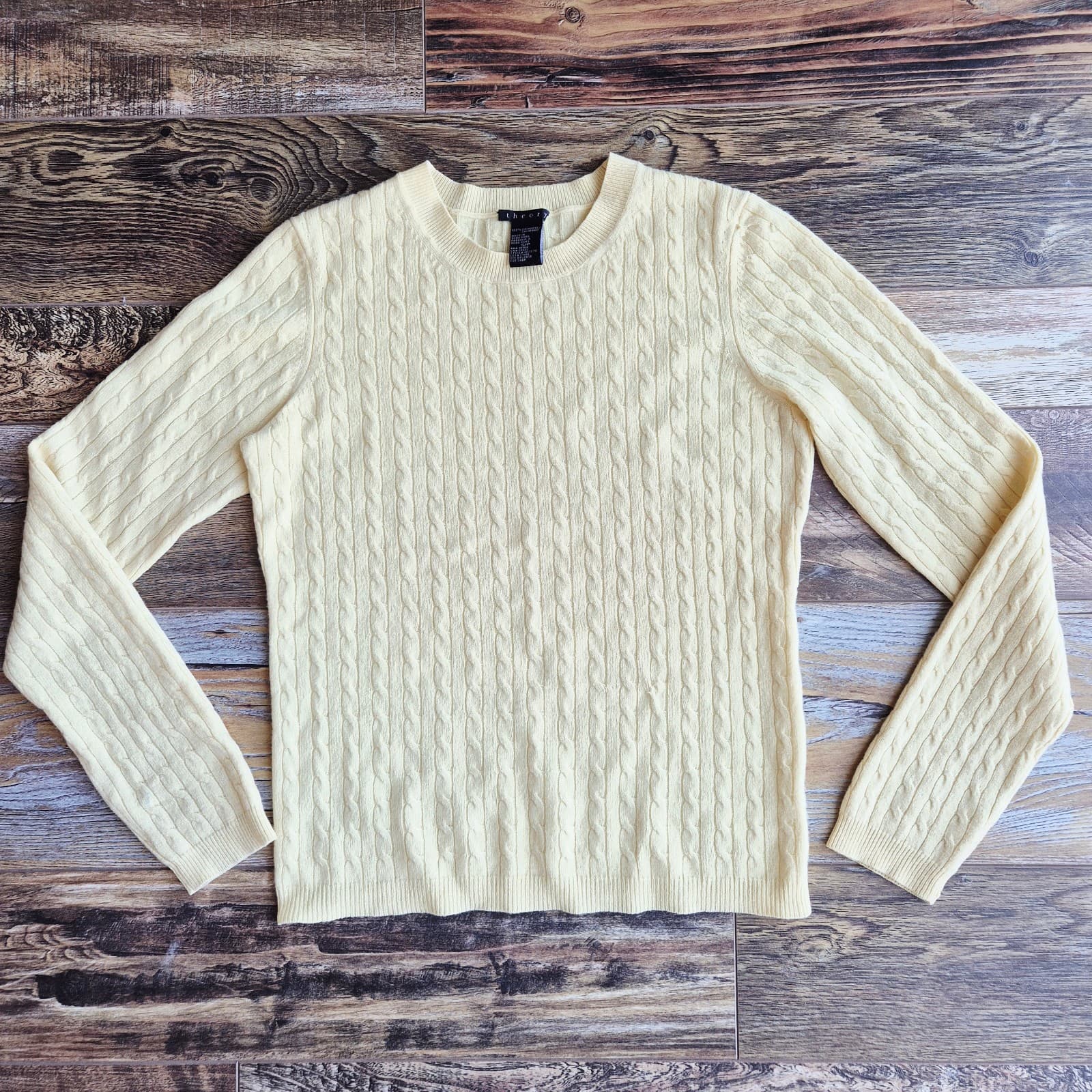 Vintage'90s Theory 100% Cashmere Cable Knit Crew Neck Sweater Yellow Women's S - Thumbnail 7